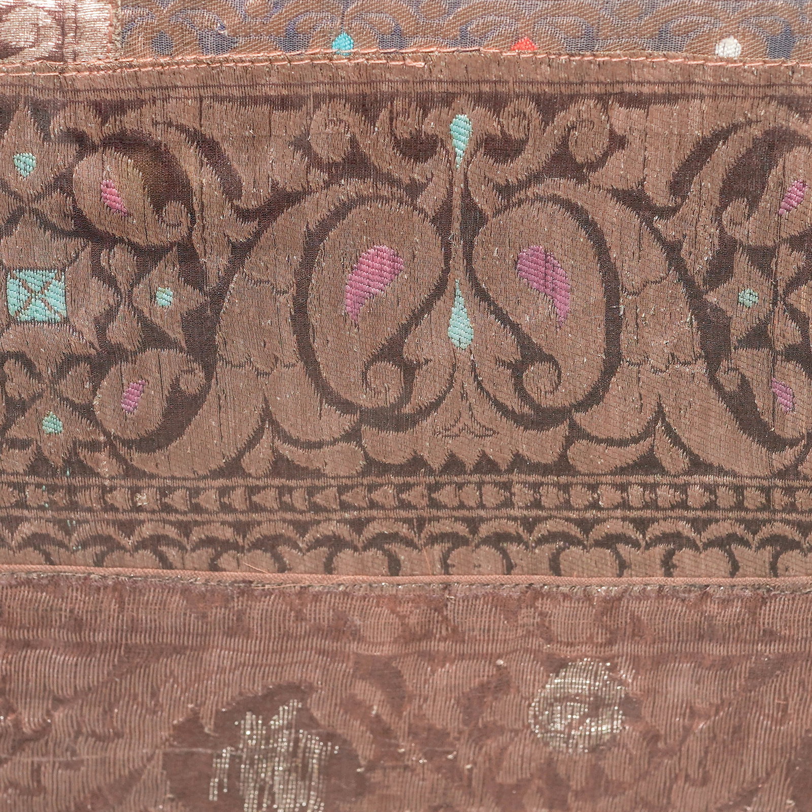 Indian Silver Thread Embroidered Patchwork Silk Textile - 3