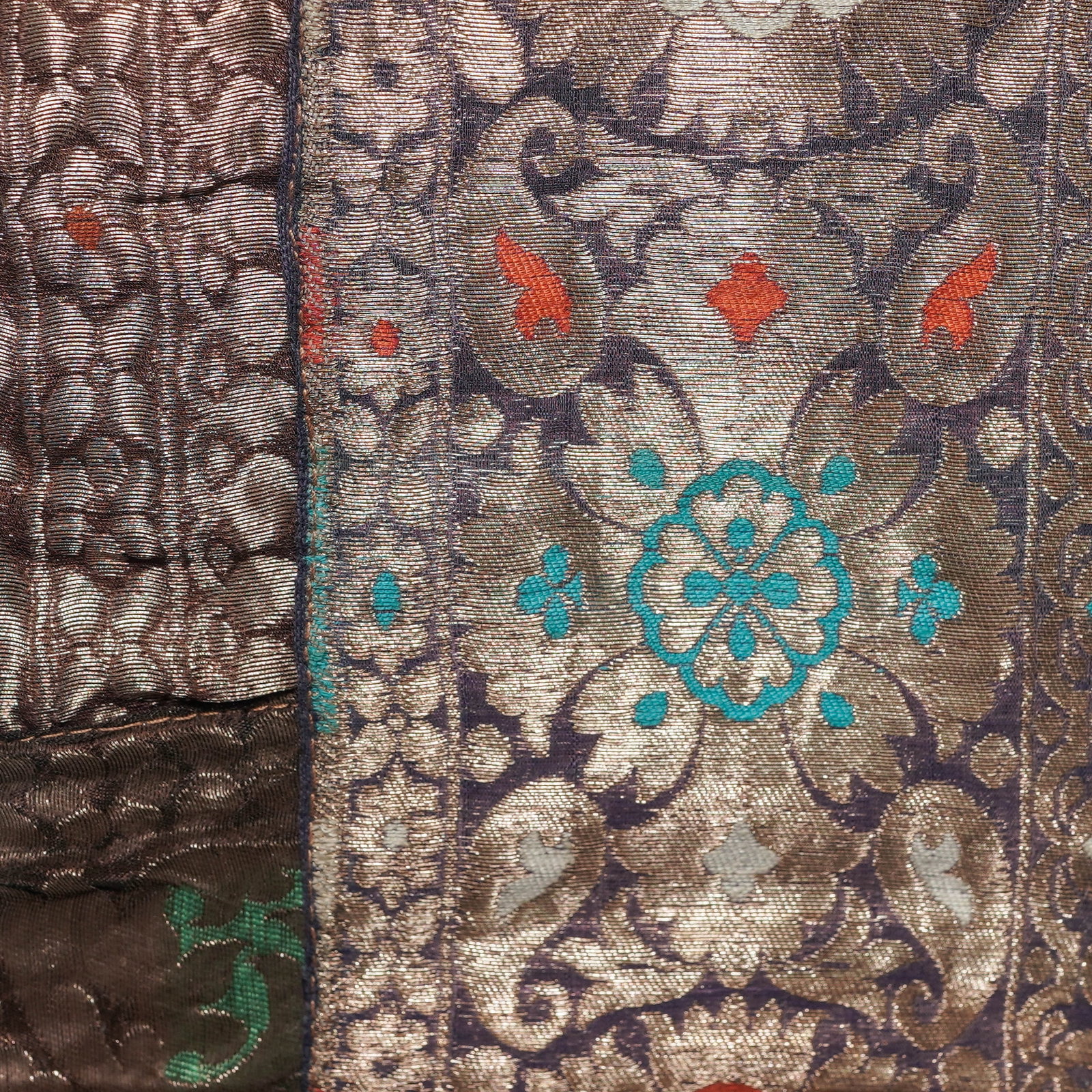 Indian Silver Thread Embroidered Patchwork Silk Textile - 4