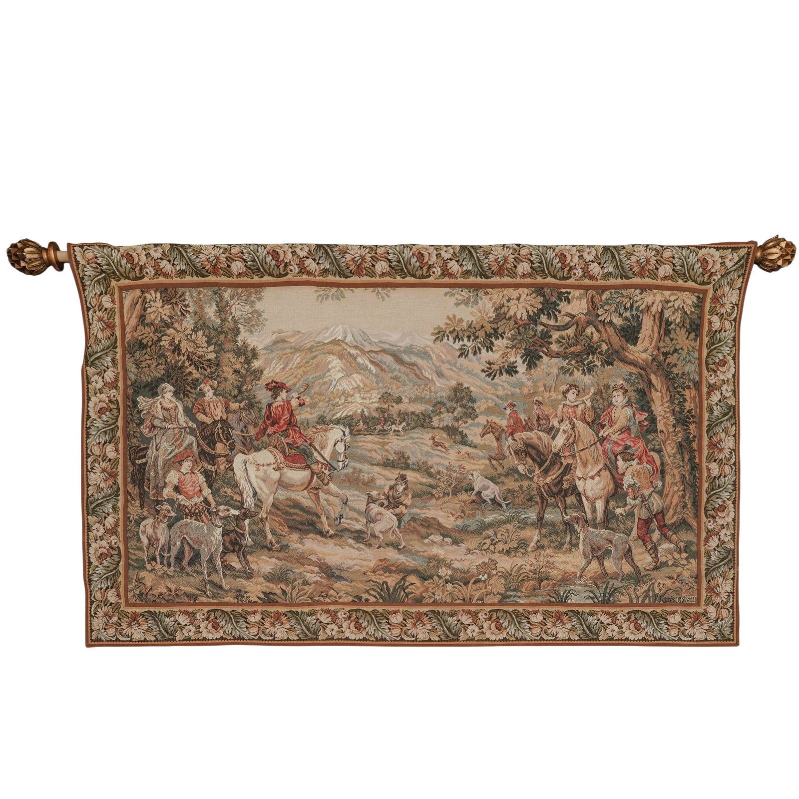 Point De Loiselles Hunting Scene French Wall Tapestry: Point De Loiselles Hunting Scene French Wall Tapestry c. 1960-1980s, French Point De Loiselles- a well known French tapestry manufacturer based in Halluin, France. Artistic origin: based on a