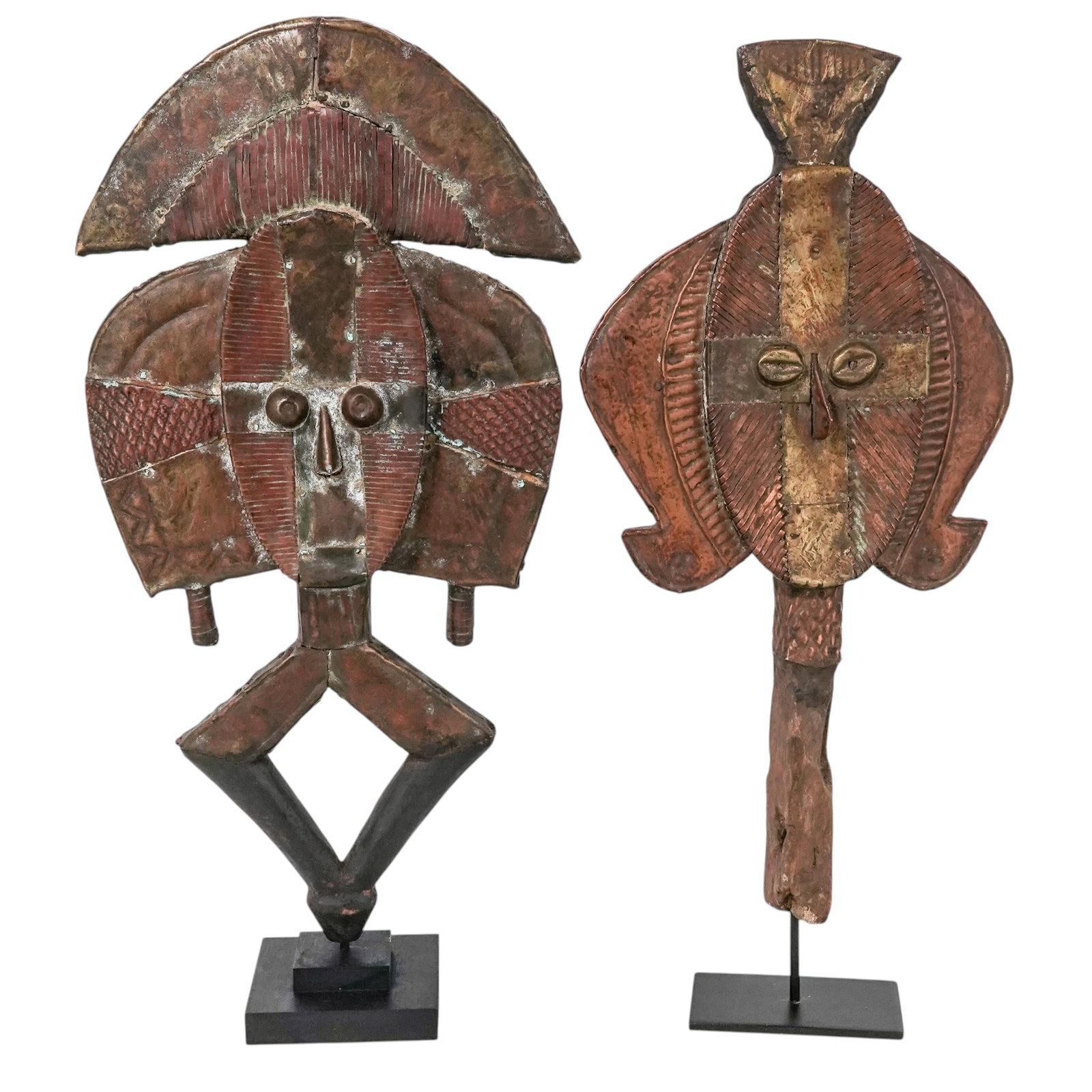 (2 pc) Gabon Bakota Reliquary Figure (Mbulu Ngulu) & Baube Mask: (2 pc) Gabon Bakota Reliquary Figure (Mbulu Ngulu) & Baube Mask Late 19th - Early 20th Cent, Africa (2 pc) Gabon tribal carvings comprising one Bakota (Mbulu Ngulu) reliquary figure featuring a