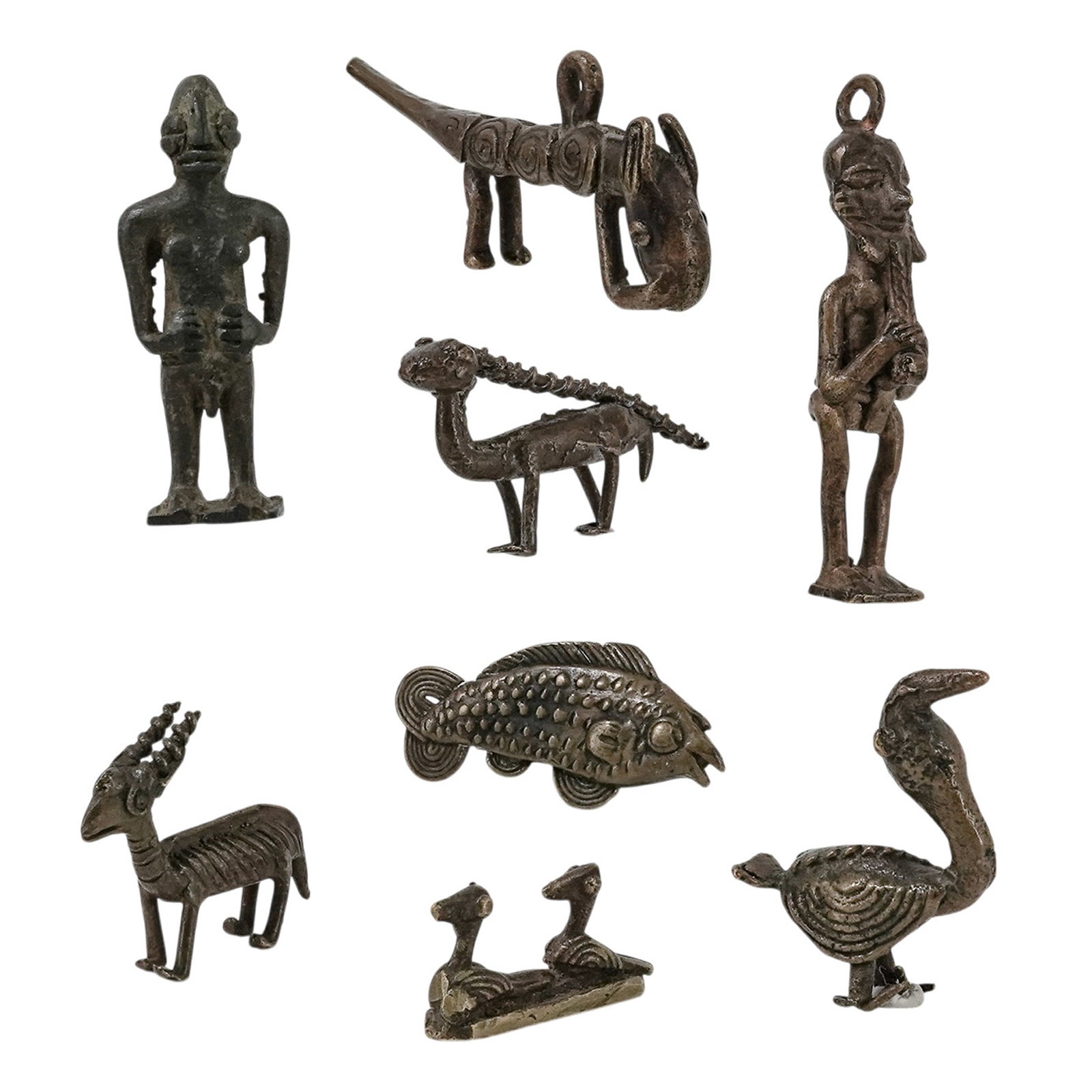 (8 pc) Antique African Lost Wax Cast Bronze Ashanti Figural Weights (1 of 9)