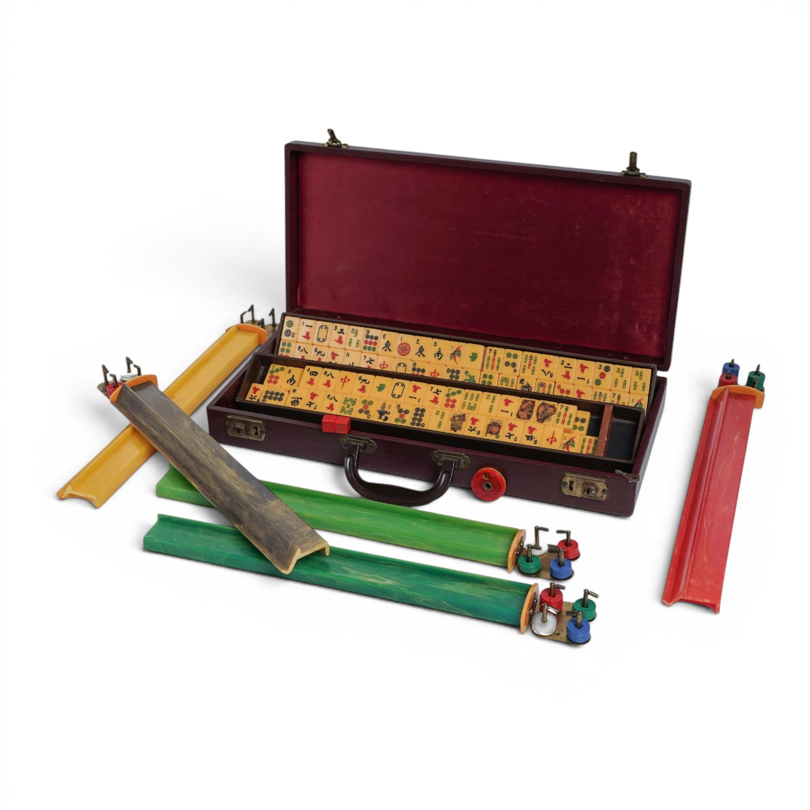 Vintage American Mahjong set: Vintage American Mahjong set c. 1940s-1960s, USA Vintage American Mahjong set, showcasing a complete array of mid-century gaming pieces nested inside its original faux-leather carrying case. Made in