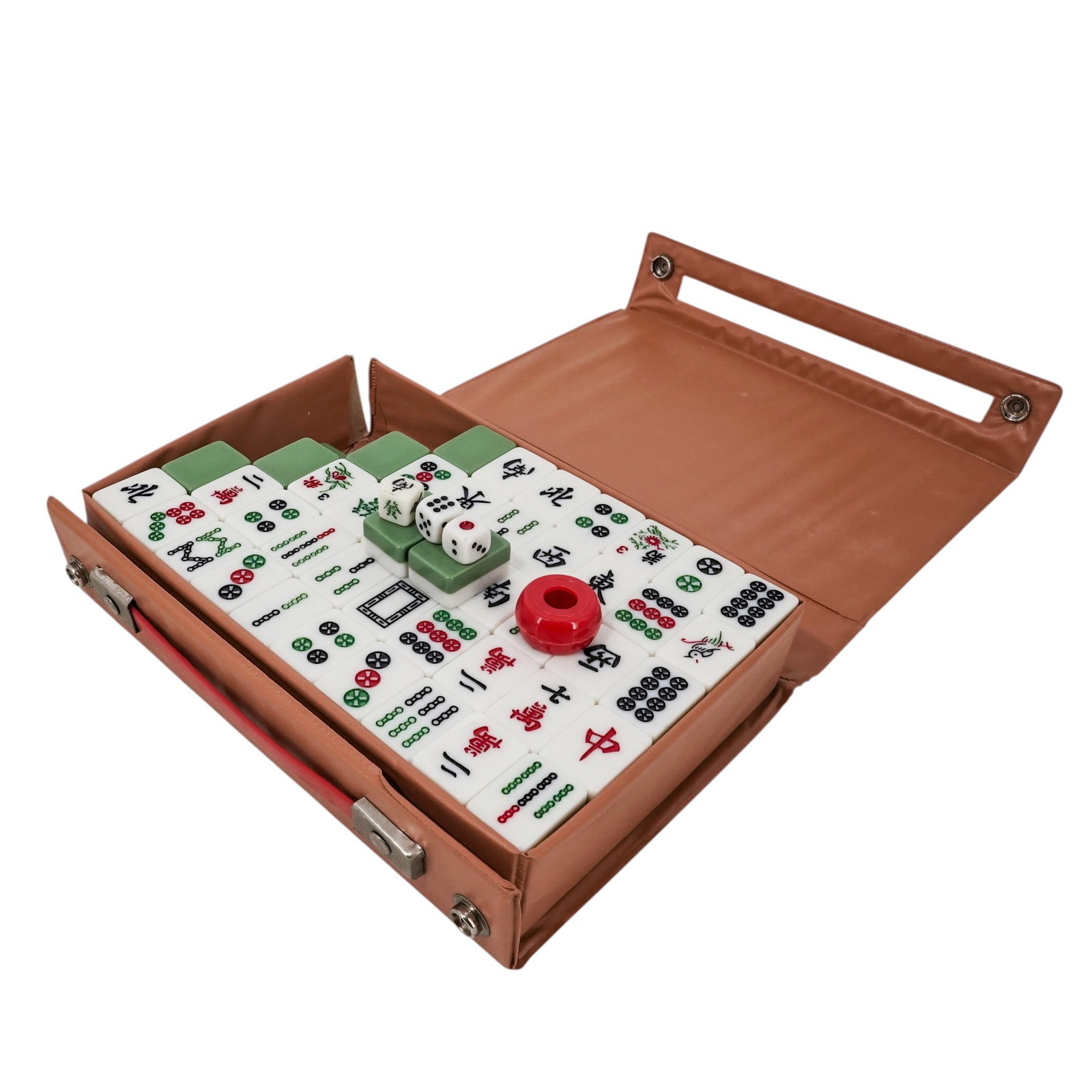 Retro Chinese Mahjong Set: Retro Chinese Mahjong Set 20th century, Chinese Hong Kong mahjong game. (137) Tiles Measurements: L 1.125" x 1" (3) Dice (1) Dice holder (1) Carrying case Measurements: 1.75" x W 6.25" x L 8.75"
