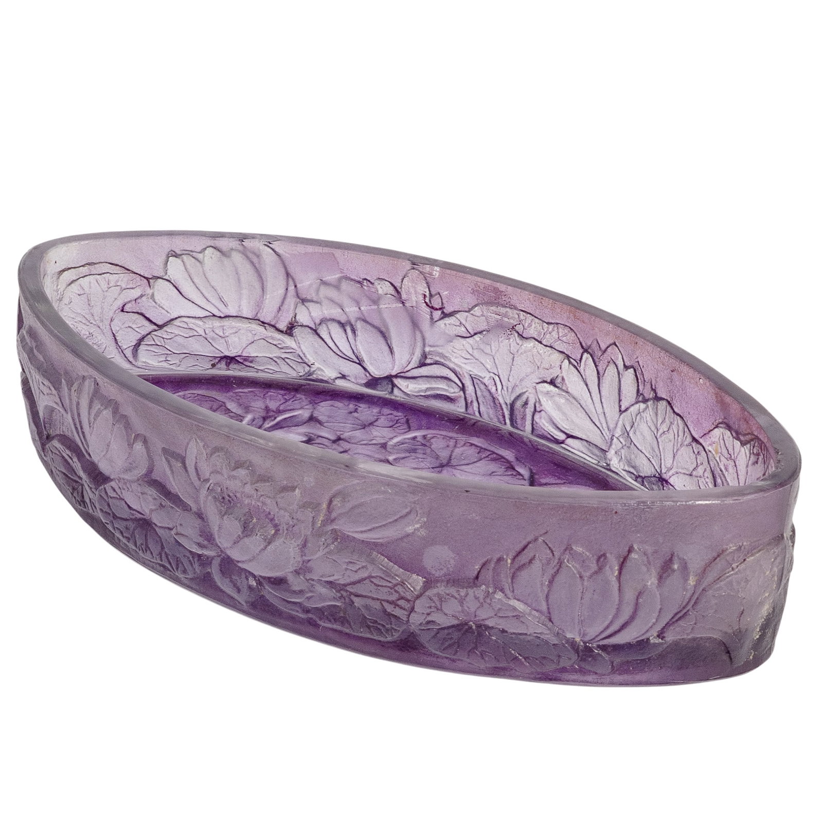 Art Nouveau French Lilac Satin Glass Floral Dish: Art Nouveau French Lilac Satin Glass Floral Dish Late 19th - Early 20th Cent, France Art Nouveau French lilac satin glass oval trinket dish featuring a softly frosted surface with molded floral