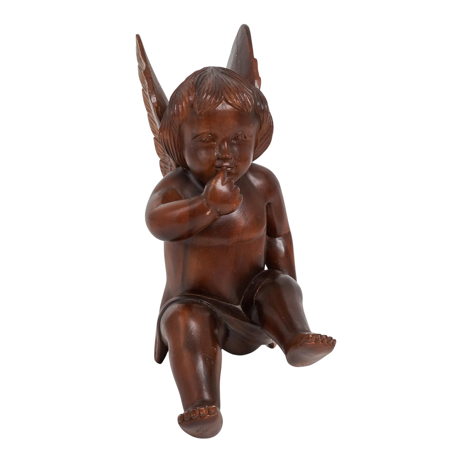 Large Cherub Carved Wooden Sculpture: Large Cherub Carved Wooden Sculpture 20th century, USA The large piece is crafted from a rich, reddish-brown wood featuring a smooth , polished finish that highlights the contours and natural grain of