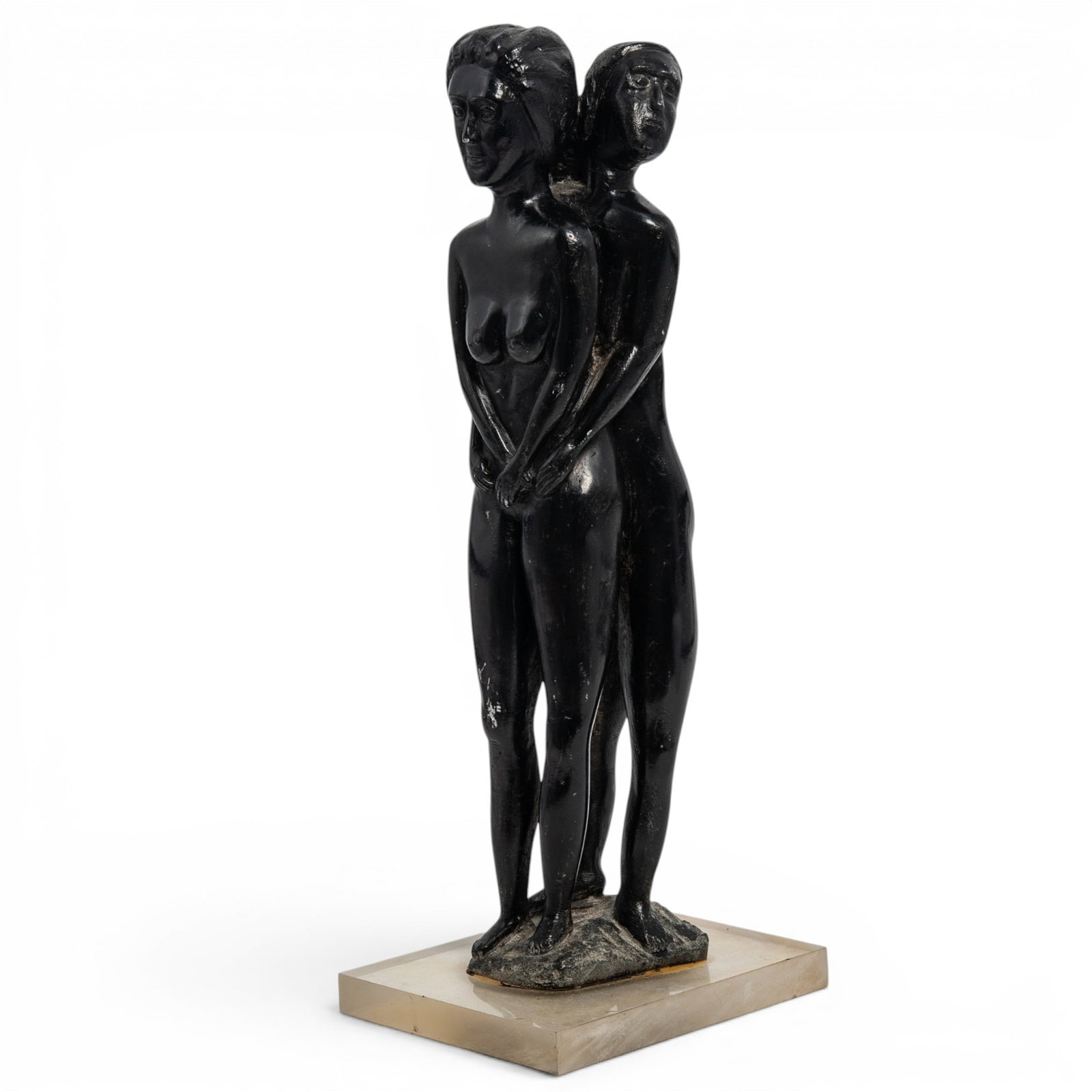 Theodore Cornelius De Groot Style Nude Couple Sculpture: Theodore Cornelius De Groot Style Nude Couple Sculpture Mid 20th Cent heodore Cornelius de Groot style lacquered brass figural sculpture depicting a nude couple in an intimate embrace, with the male f