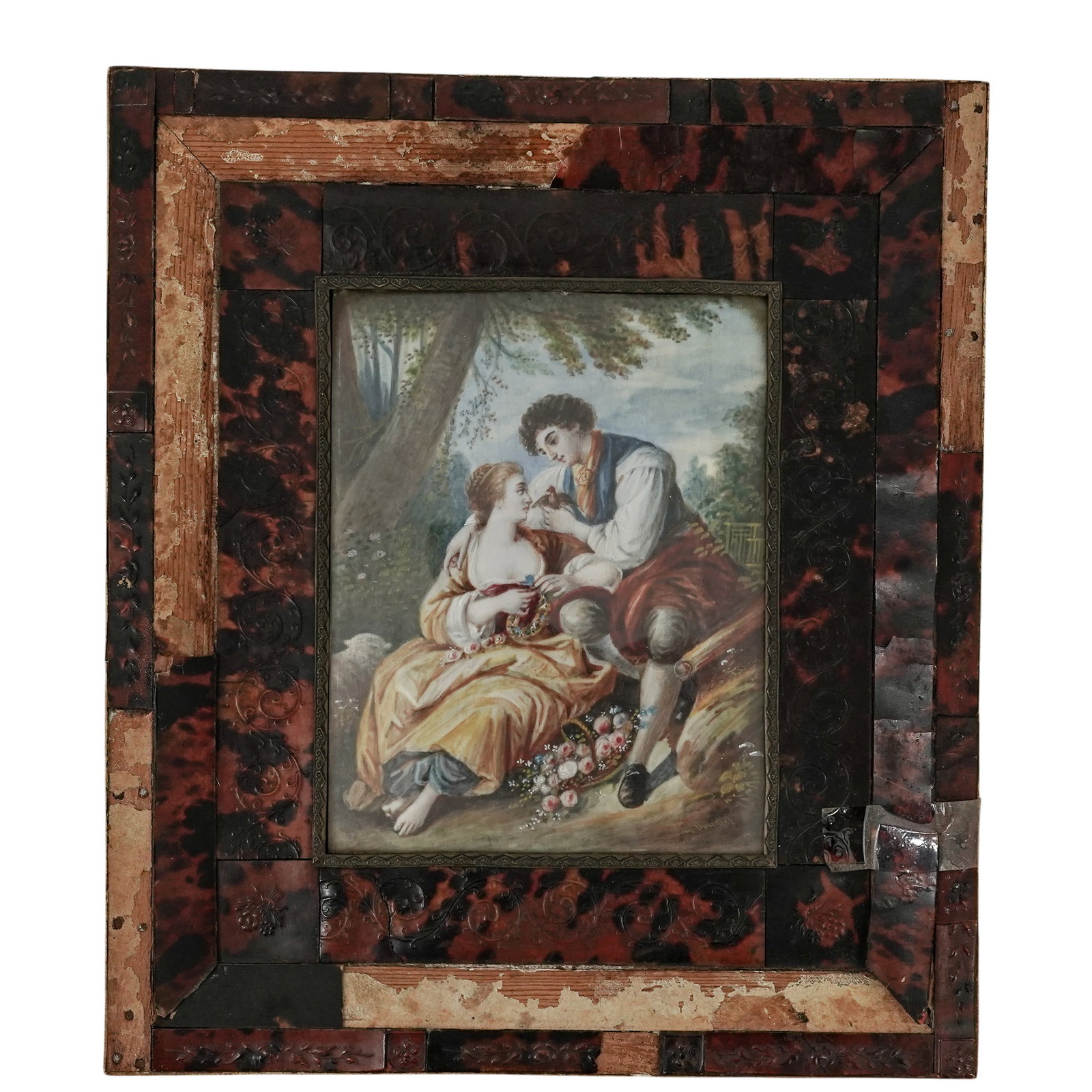 Antique German Painting on Bone in Boulle Frame: Antique German Painting on Bone in Boulle Frame 19th century, German This piece is a classic 19th-century Rococo-style miniature painting on bone inspired by the pastoral and romantic compositions of 