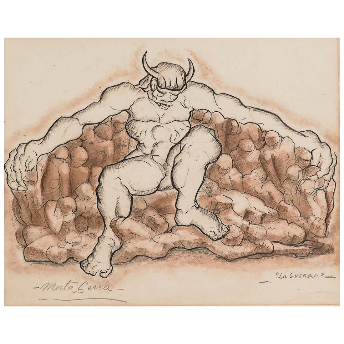 Ex Sotheby's Mirta Cerra (Cuban, 1904-1986) "La Guerra" Ink & Wash Drawing Paper (1 of 8)