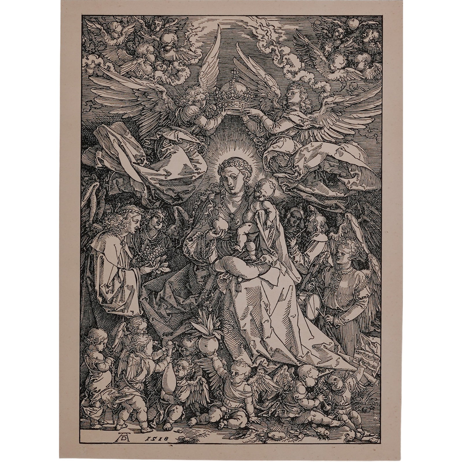 Albrecht Dürer (German, 1471–1528) "The Virgin Surrounded by Many Angels" Woodcut Engraving: Albrecht Dürer (German, 1471–1528) "The Virgin Surrounded by Many Angels" Woodcut Engraving 19th- early 20th Cent., German In this lively woodcut, Dürer evokes the Coronation of the Virgin, the la