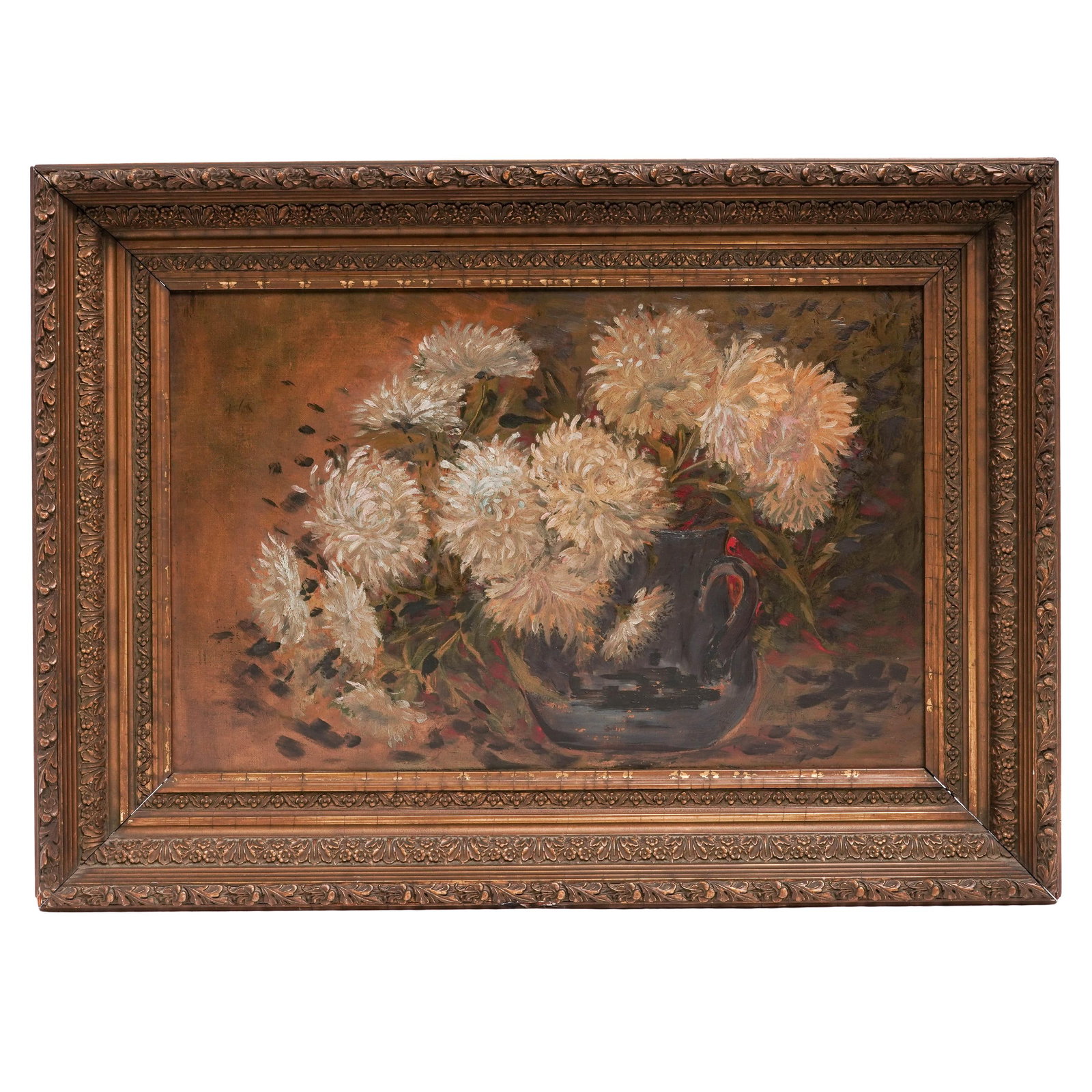 Antique Floral Still Life, Oil on Panel: Antique Floral Still Life, Oil on Panel Early 20th Century, Antique oil on panel still life depicting a bouquet of white chrysanthemums arranged in a decorative vase against a softly rendered backgrou