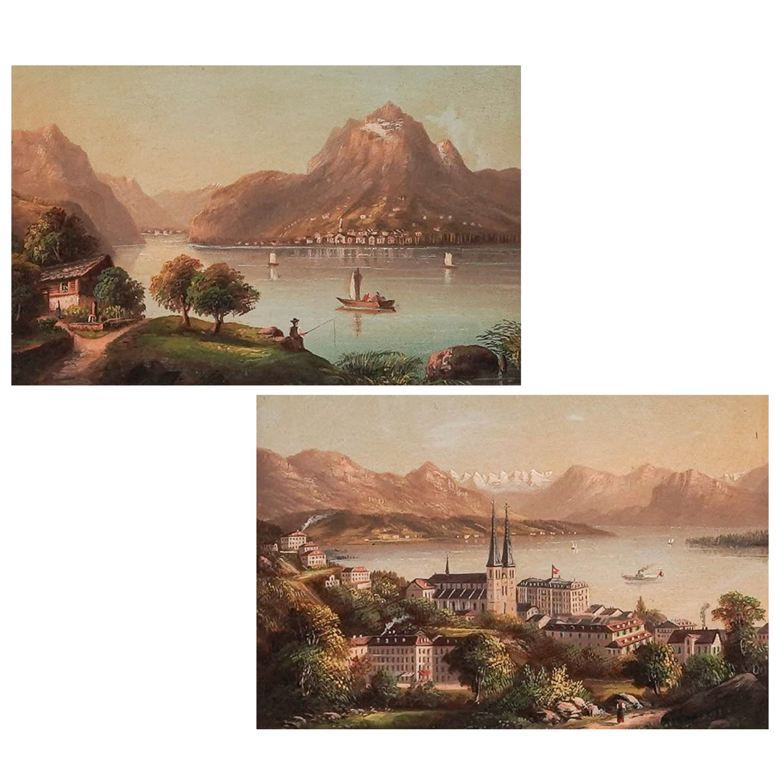 (2 pc) Pair of Antique Swiss Landscape Scenes, Oil on Board Paintings (1 of 13)