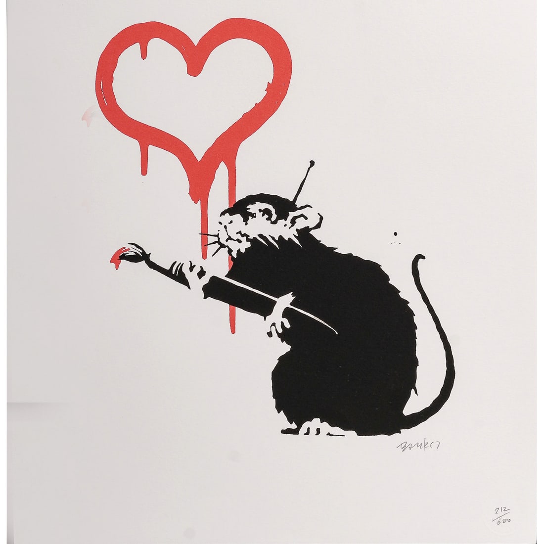 Banksy (English, b.1974) "Love Rat" Print On Arches Paper: Banksy (English, b.1974) "Love Rat" Print On Arches Paper 20th-21st Cent., English This limited-edition contemporary screenprint presents Banksy's iconic " Love Rat" motif as a black stencil silhouett