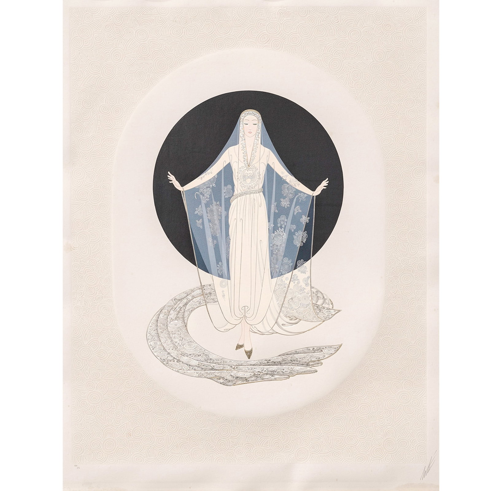 Erte (Romain de Tirtoff Russian, 1892-1990) Serigraph "Veil Gown": Erte (Romain de Tirtoff Russian, 1892-1990) Serigraph "Veil Gown" c. 1985, Russian/French An original 1985 "Veil Gown" extra-large embossed serigraph by Erté (Romain de Tirtoff) Massive Dimensions: T