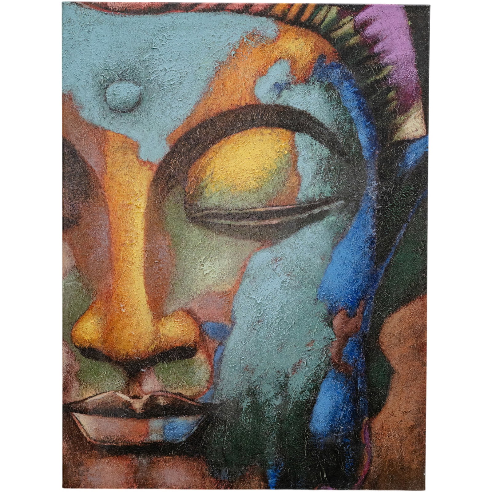 Large Canvas Buddha's Face Embellished Giclee: Large Canvas Buddha's Face Embellished Giclee 20th century, USA Embellished large canvas buddha's face giclee, styled with vibrant, abstract color blocking. The painting depicts a close-up, cropped vi