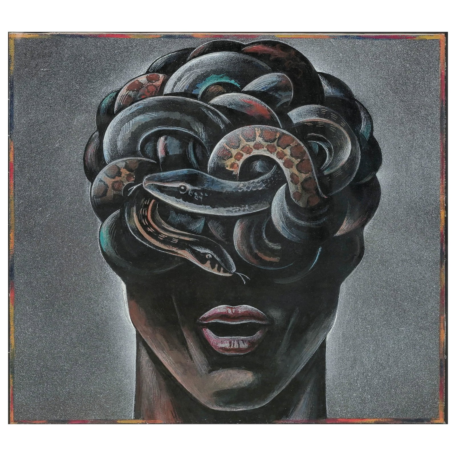 Stanislaw Zagorski (Polish, 1933-2025) Medusa Mixed Media on Canvas: Stanislaw Zagorski (Polish, 1933-2025) Medusa Mixed Media on Canvas Mid - Late 20th Mixed media piece on canvas depicts a surrealism style medusa, with snakes intertwining a linking bodies over the he