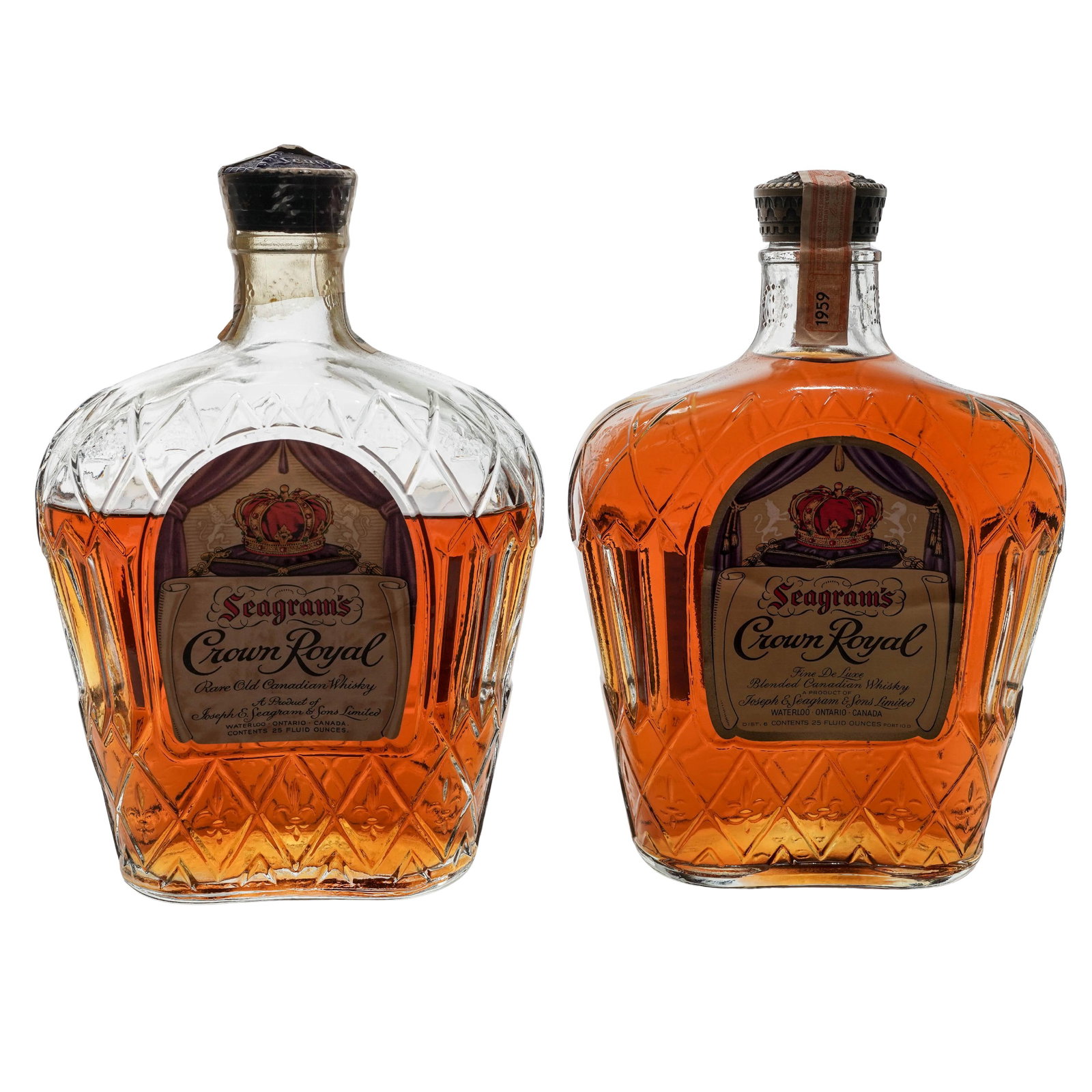 Pair Seagram's Crown Royal Fine De Luxe Blended Canadian Whiskey Bottles (1 of 8)