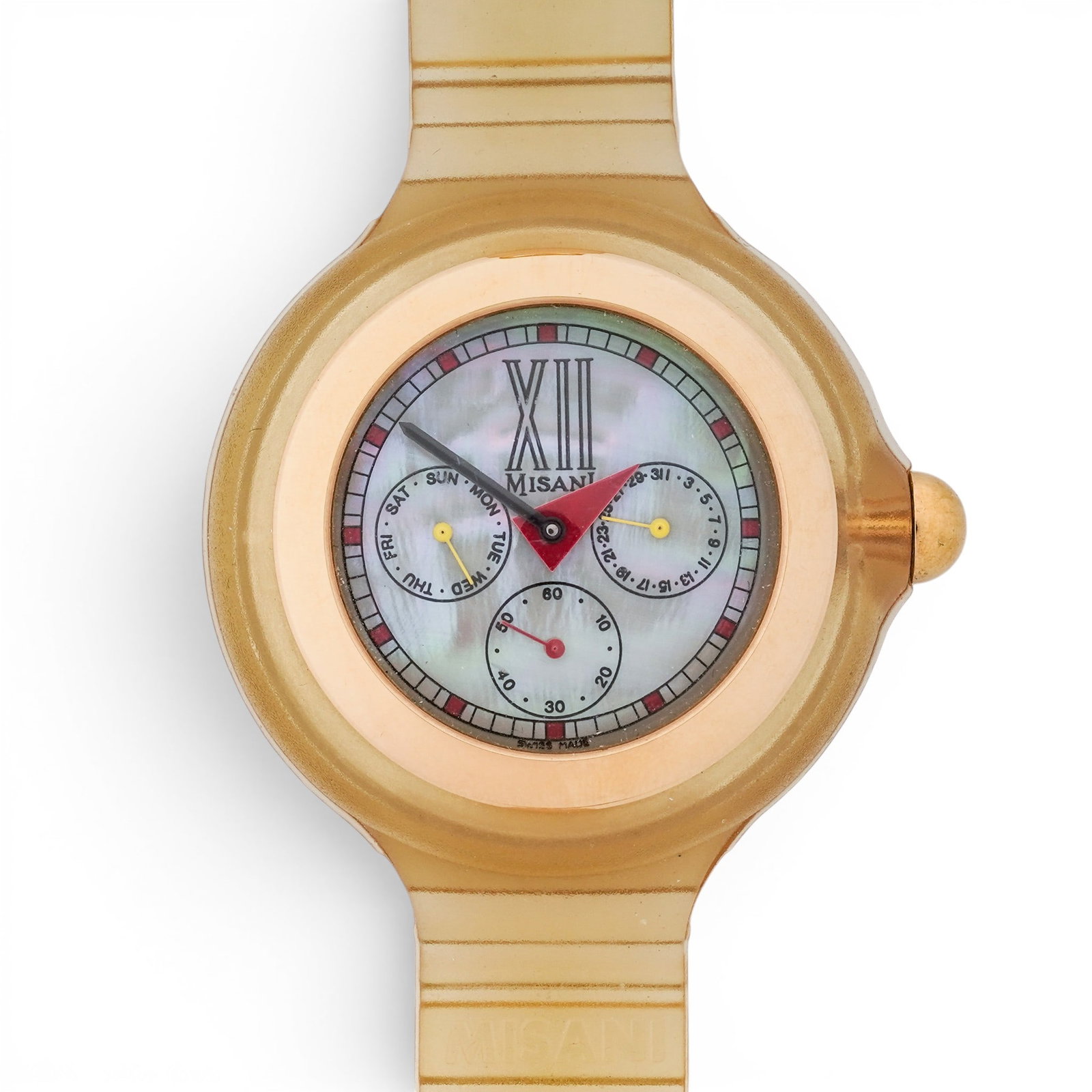 Misani Pop Art Chronograph-Style Calendar Watch: Misani Pop Art Chronograph-Style Calendar Watch 1990s, Swiss Misani Pop Art chronograph-style calendar wristwatch with translucent amber integrated gel-resin case and strap, gold-tone bubble bezel, gr