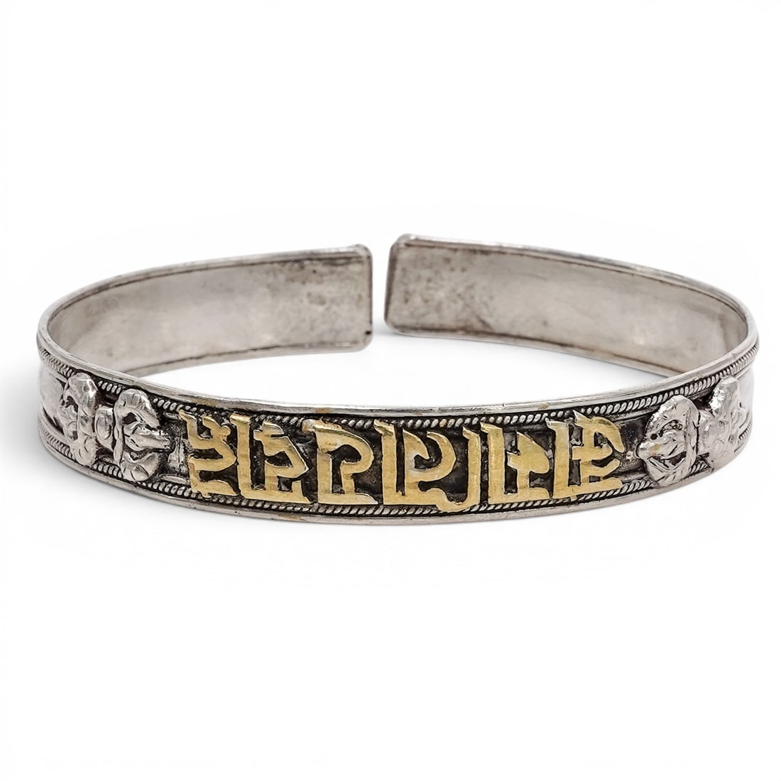 Tibetan Sterling Silver & Brass "Om Mani Padme Hum" Cuff Bracelet (1 of 6)