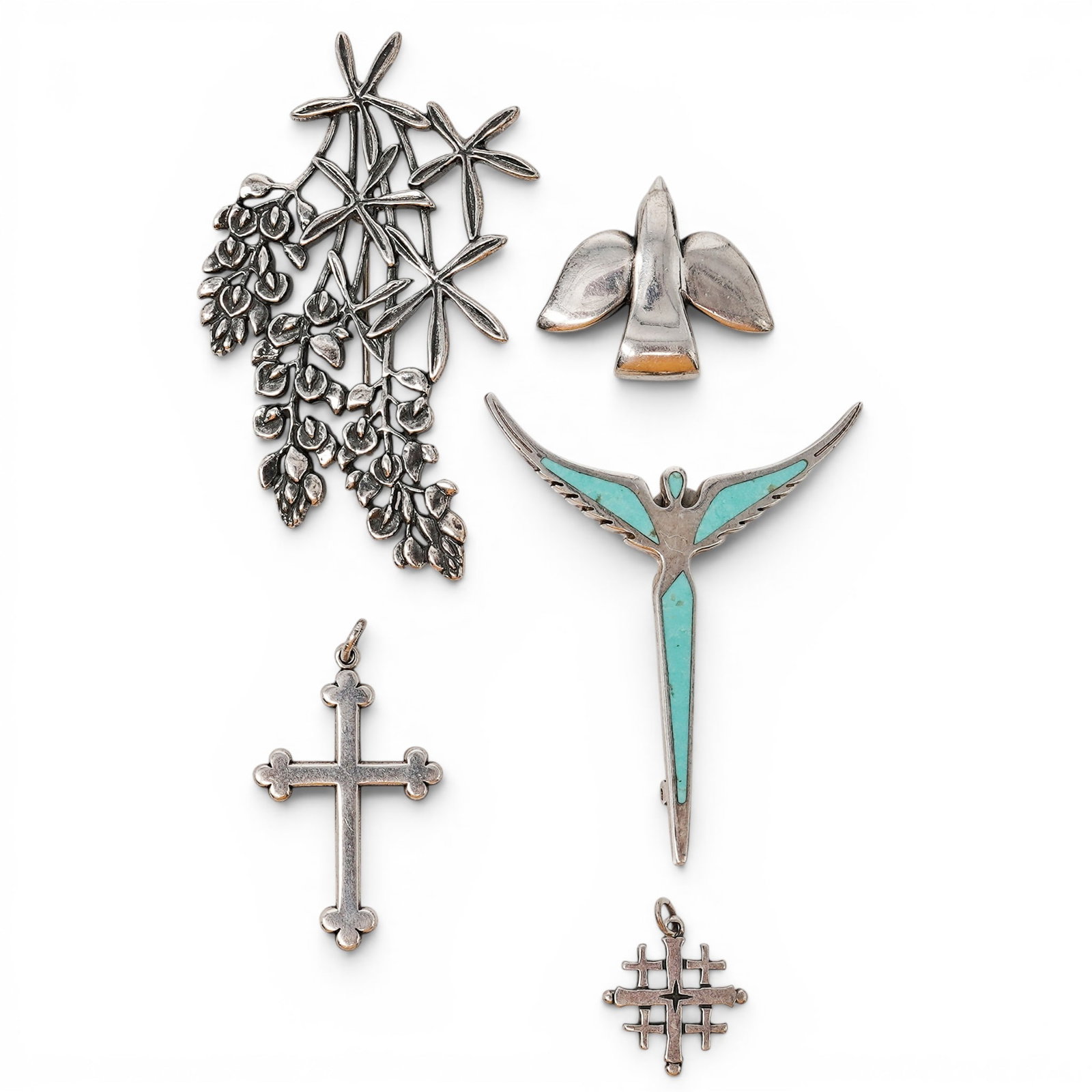 (5 Pcs) James Avery Sterling Silver Pendant & Brooch Lot: (5 Pcs) James Avery Sterling Silver Pendant & Brooch Lot 1980s-2000s, USA Five-piece James Avery sterling silver lot including cross pendant, lattice-form pendant, abstract dove brooch, floral branch 