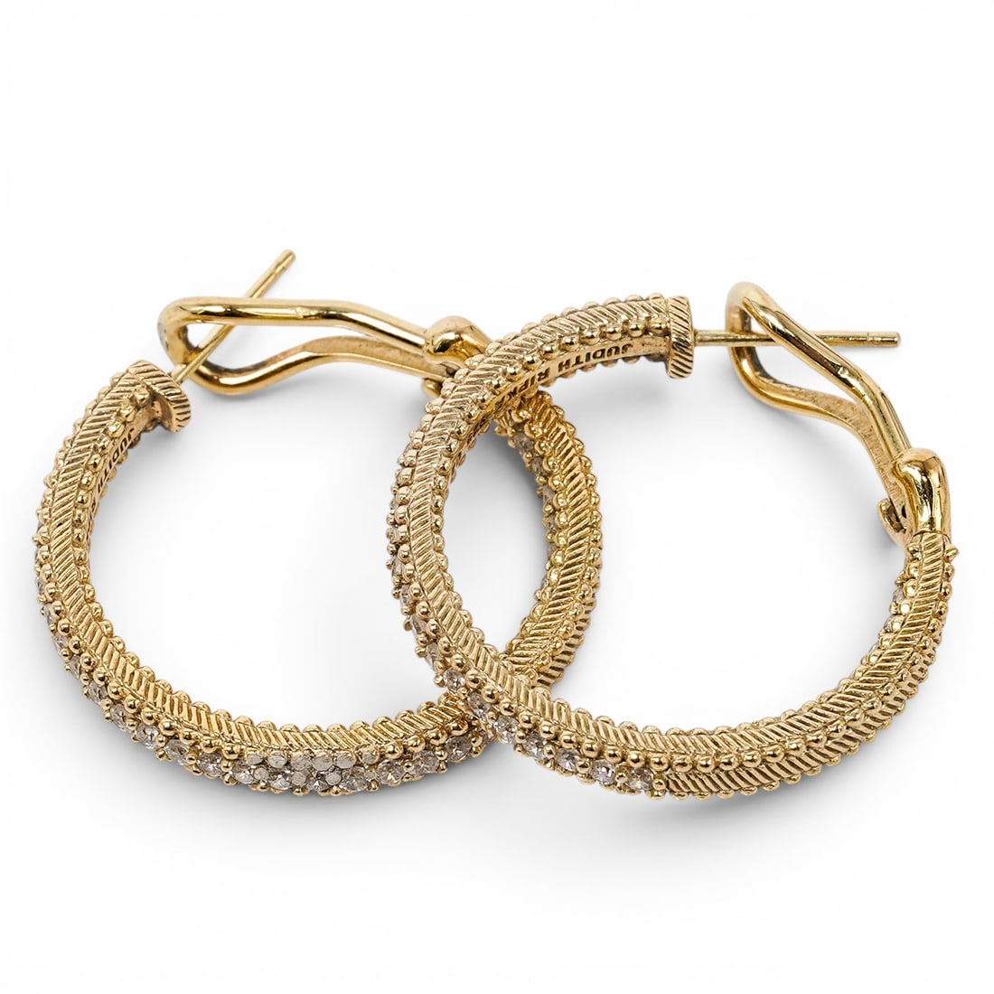 Judith Ripka Sterling Silver & CZ Inside Out Hoop Earrings: Judith Ripka Sterling Silver & CZ Inside Out Hoop Earrings 2000s, Thai Judith Ripka sterling silver hoop earrings with gold-tone finish, rounded oval form, textured rope and bead borders, single rows