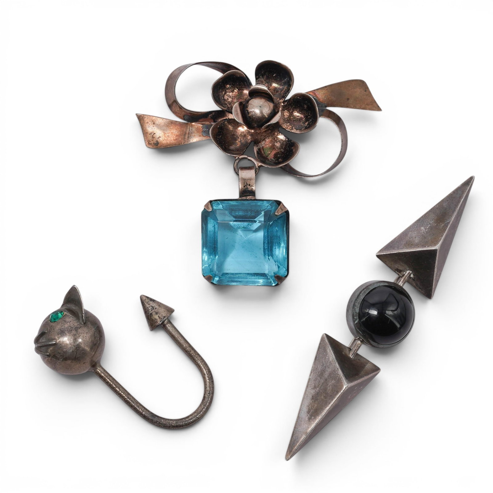 (3 pc) Sterling, Silver Plate & Precious Gemstone Brooches (1 of 7)
