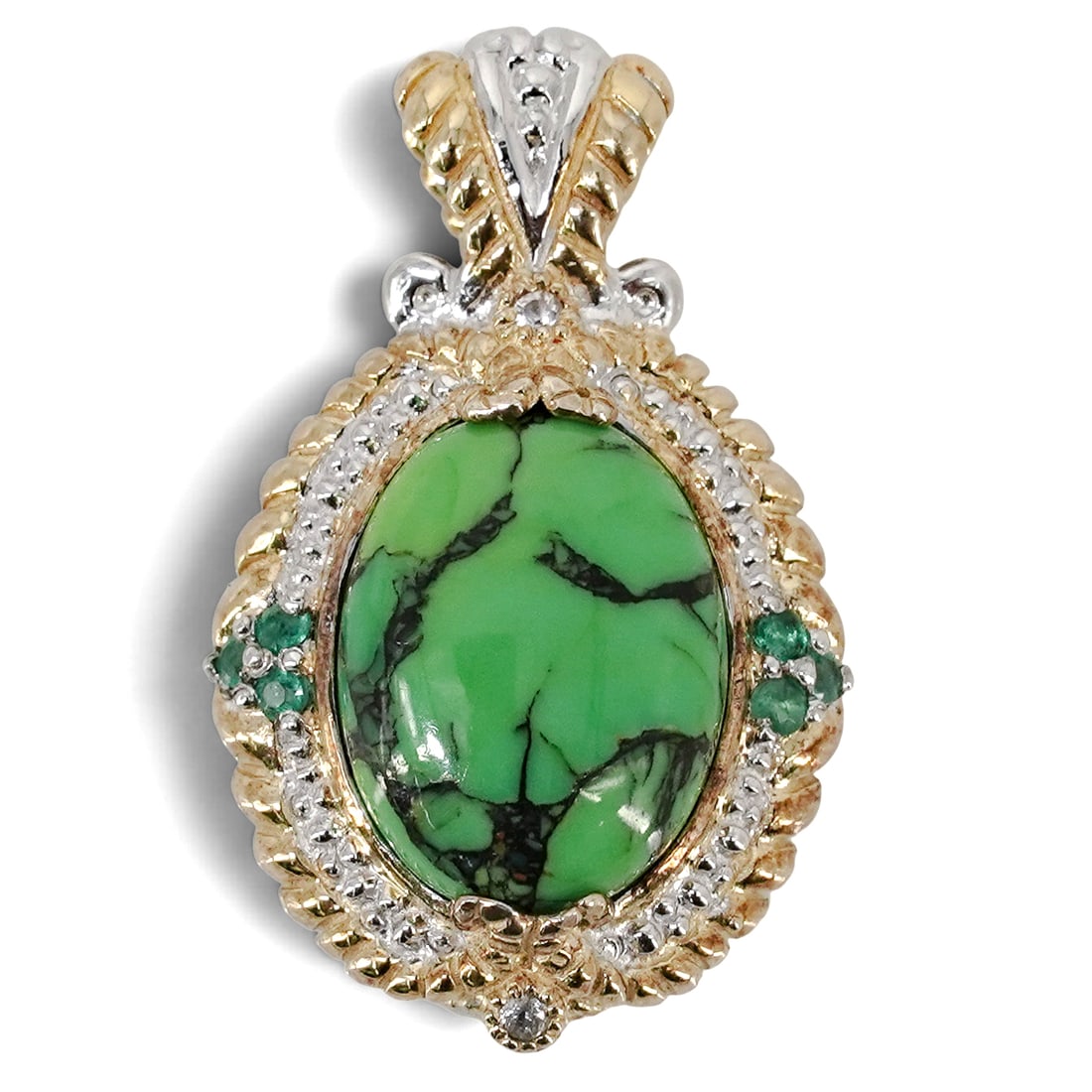Michael Valitutti Green Turquoise & Sterling Pendant: Michael Valitutti Green Turquoise & Sterling Pendant Late 20th-early 21st century Michael Valitutti oval shaped green copper turquoise with dark inclusions stone surrounded by a rope textured sterling
