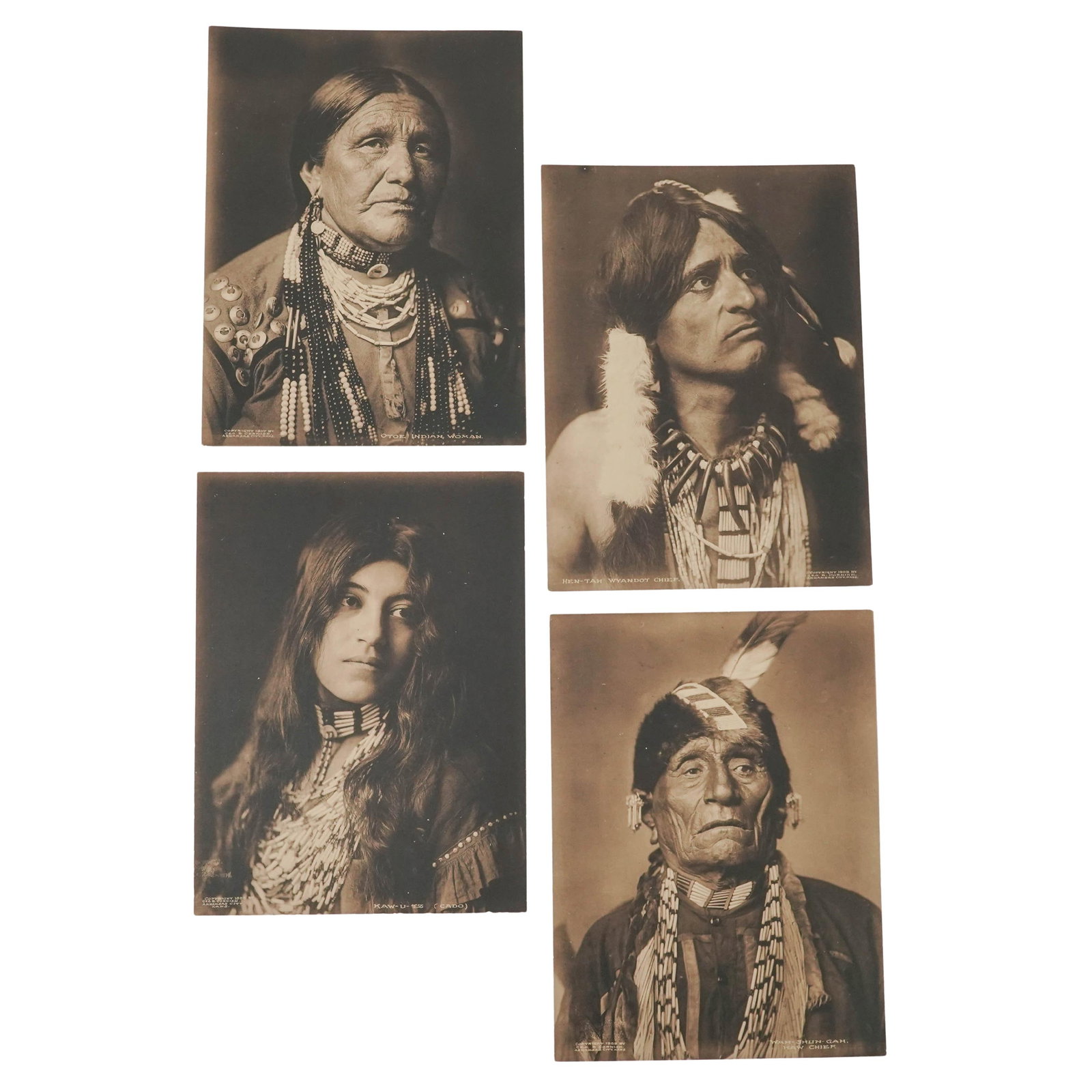 (4 pc) Sepia Portraits of Native Americans by George Bancroft Cornish: (4 pc) Sepia Portraits of Native Americans by George Bancroft Cornish 1910s, USA Four sepia pictures of Native Americans: Kaw Chief Wah-Shun-Gah Cado Kaw-U-Tz Wyandot Chief Hen-Tah Otoe Indian Woman E