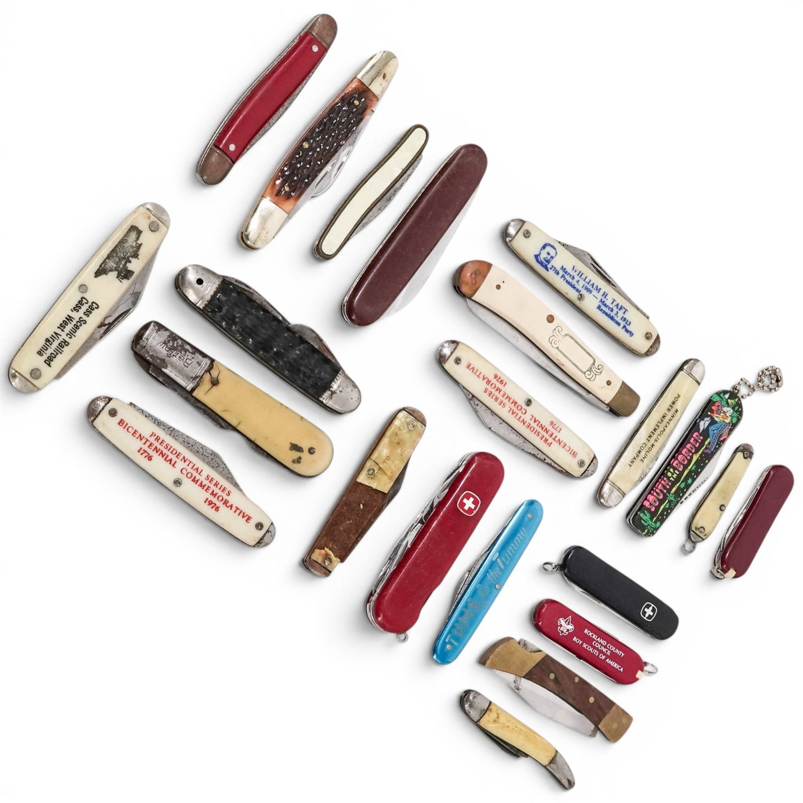 (22 pcs) Collection of Vintage Folding Pocket Knives: (22 pcs) Collection of Vintage Folding Pocket Knives 20th century A collection of folding pocket knives. (3) "Presidential Series Bicentennial Commemorative" pocket knife, "William Howard Taft", "Jame