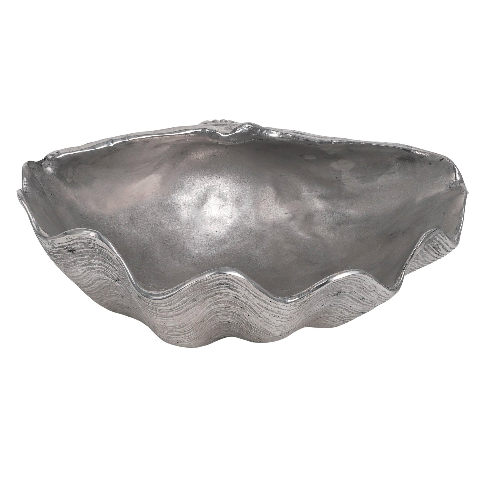 Vintage Mariposa Brillante Aluminum Clam Shell Bowl: Vintage Mariposa Brillante Aluminum Clam Shell Bowl 1993, Mexico Vintage Mariposa “Brillante” aluminum clam shell bowl centerpiece, cast in a sculptural open shell form with polished metallic 