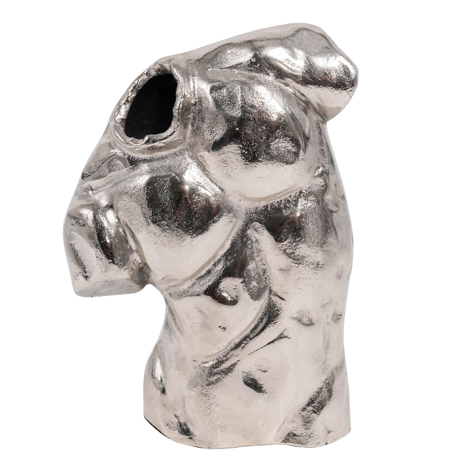 Modernist Aluminum Polished Male Torso Sculpture: Modernist Aluminum Polished Male Torso Sculpture 20th century, USA Modernist male torso, featuring a highly muscular and stylized anatomical design. The piece depicts a muscular human chest and abdomi