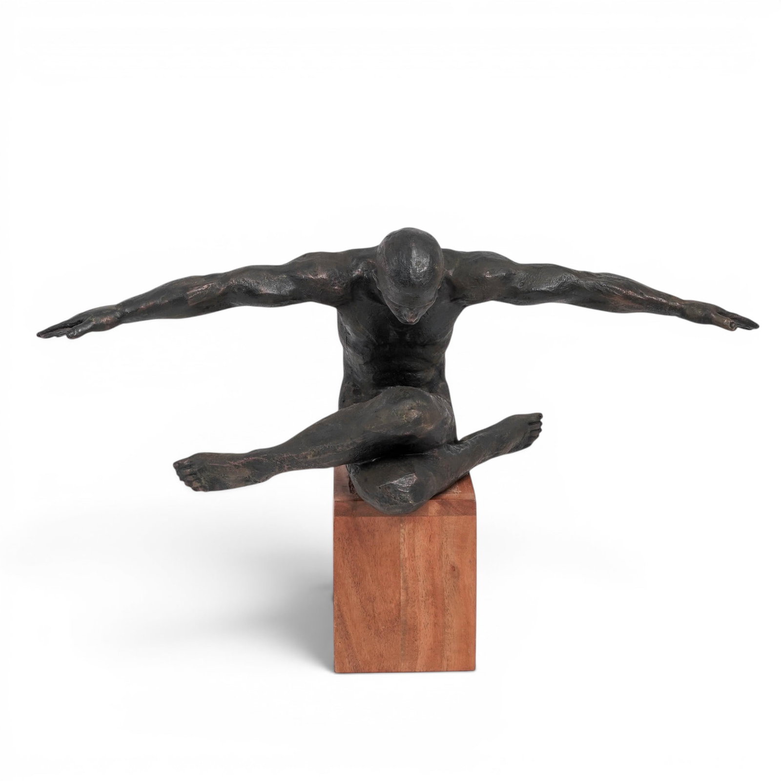 Contemporary Gymnast Plaster Sculpture: Contemporary Gymnast Plaster Sculpture 21st Century, USA Contemporary figural plaster sculpture depicting a stylized seated human figure in a dynamic stretching pose with outstretched arms, finished i