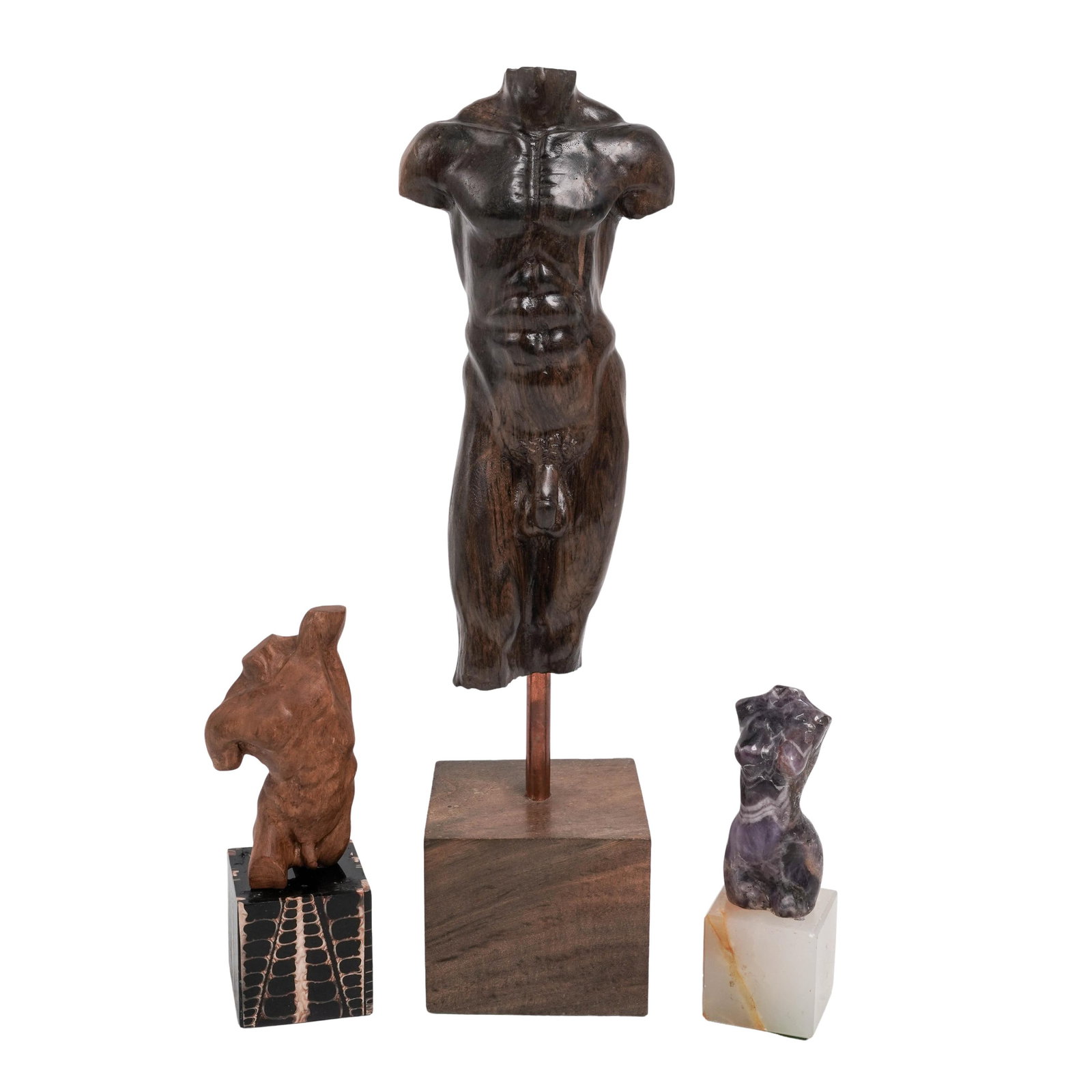 (3 pc) Carved Onyx Amethyst & Wood Nude Torsos Sculptures: (3 pc) Carved Onyx Amethyst & Wood Nude Torsos Sculptures 20th century, USA Lot includes: (1) Large torso, a tall dark brown carved wood male torso figurine on wooden block pedestal. (1) Medium torso,