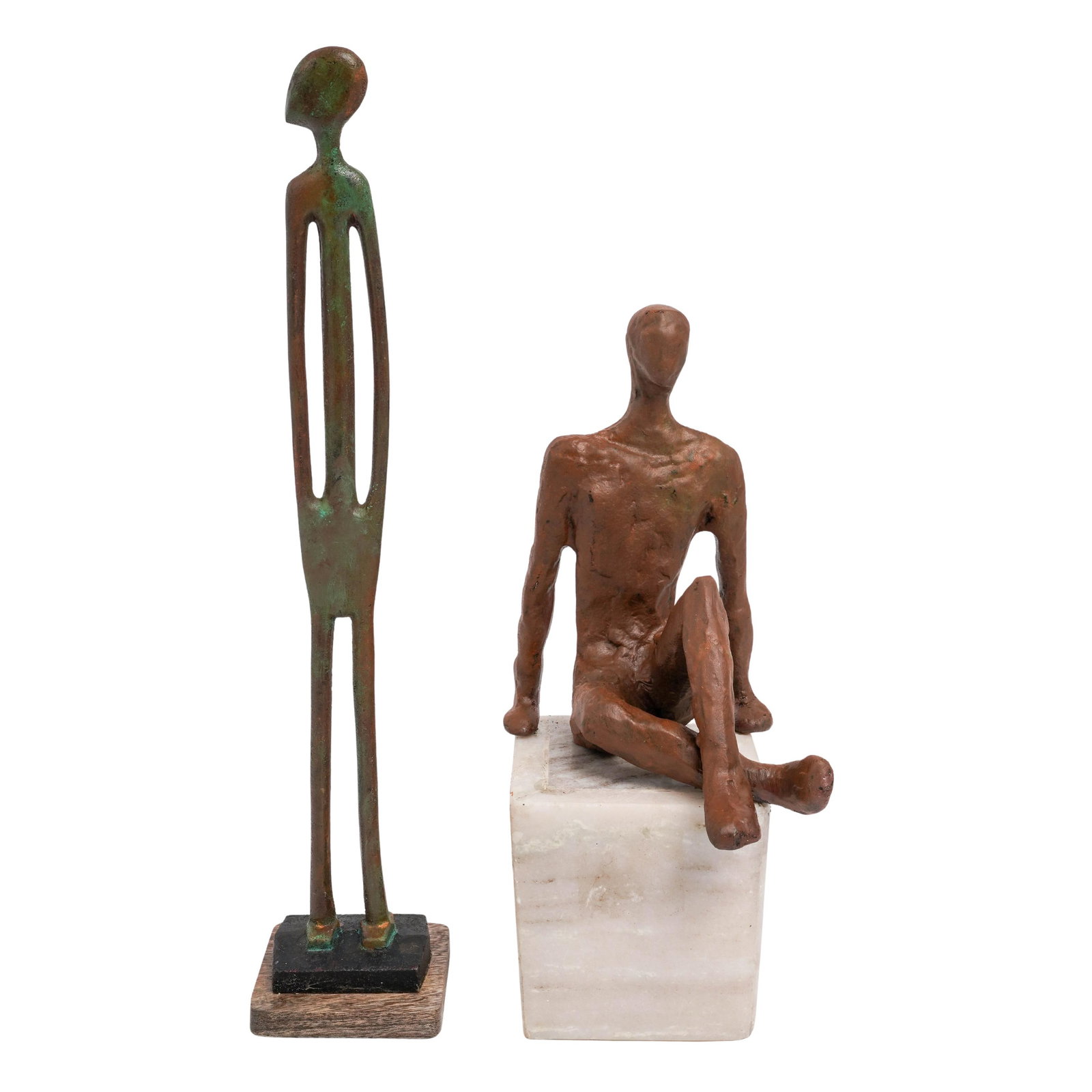 (2 pc) Modernist Metal Minimalist Sculptures: (2 pc) Modernist Metal Minimalist Sculptures 20th century, USA Lot includes: (1) Sitting human figure with its legs crossed on marble cube base. (1) A highly stylized, tall standing figure with the to