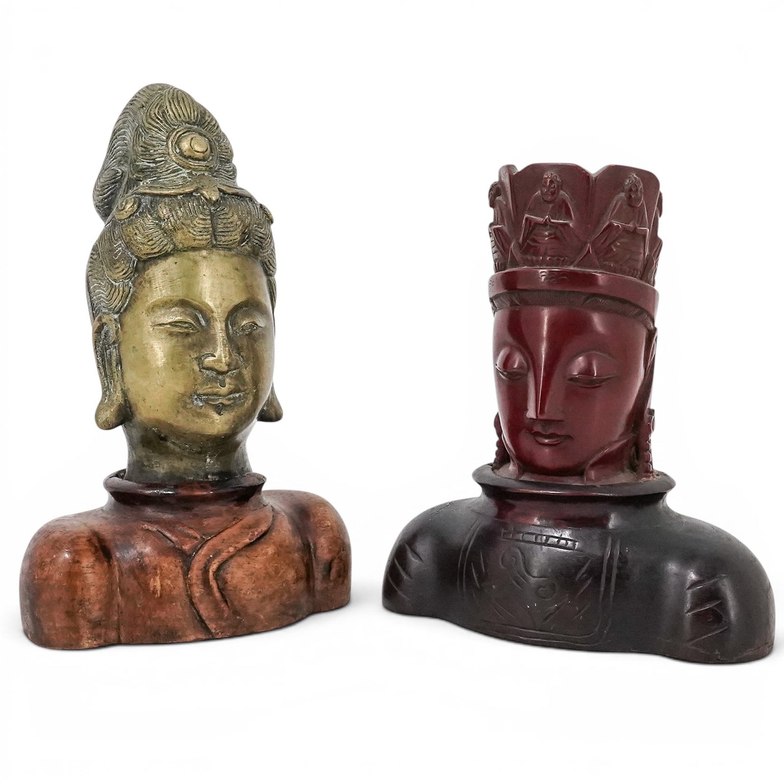 (2 pc) Gilt Wood & Bronze Quan Yin Busts (1 of 9)