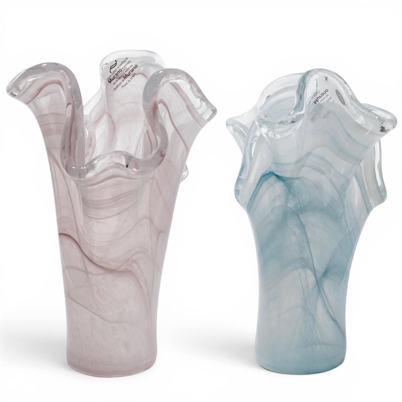 (2 pc) Murano Pink & Blue Ruffled Glass Vases: (2 pc) Murano Pink & Blue Ruffled Glass Vases Mid 20th Century, Italy Pair of contemporary hand-blown in a graceful trumpet form Murano art glass vases, each featuring an elegant flared and ruffled ri