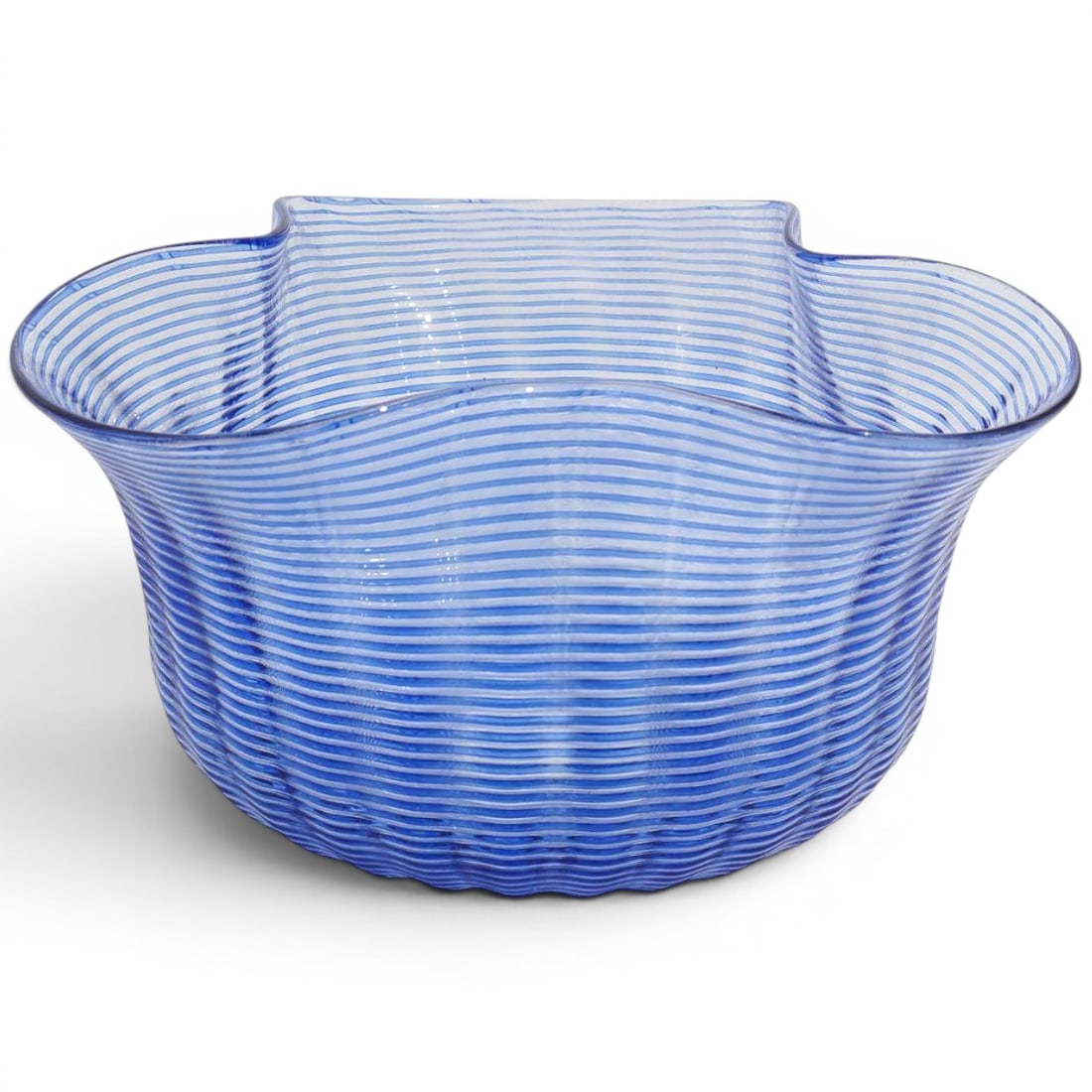 Antique Murano Threaded Lobed Finger Bowl: Antique Murano Threaded Lobed Finger Bowl 20th Cent, Italy Lobed finger bowl with cobalt glass threading applied on the exterior. H: 2.75" W: 5" L: 5" Provenance: Private Collection Waco, Texas