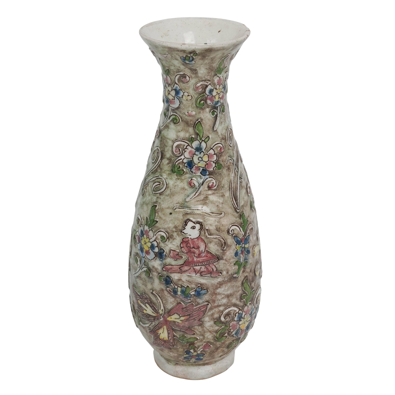 Antique Persian Faience Vase: Antique Persian Faience Vase Late 19th Century, Iran Antique Persian faience pottery vase of baluster form with a flared trumpet neck, decorated in polychrome enamels with scrolling floral motifs and 
