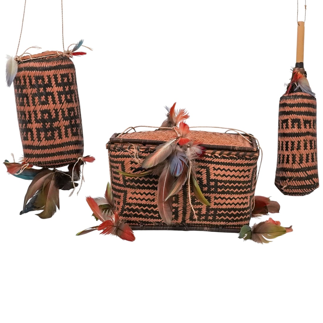 (3 pc) Wai Wai Tribal Woven Baskets & Shaman's Rattle: (3 pc) Wai Wai Tribal Woven Baskets & Shaman's Rattle 17th - 18th Cent, Brazil/Guyana An authentic three-piece set of indigenous Amazonian tribal basketry, including a rectangular lidded storage box, 