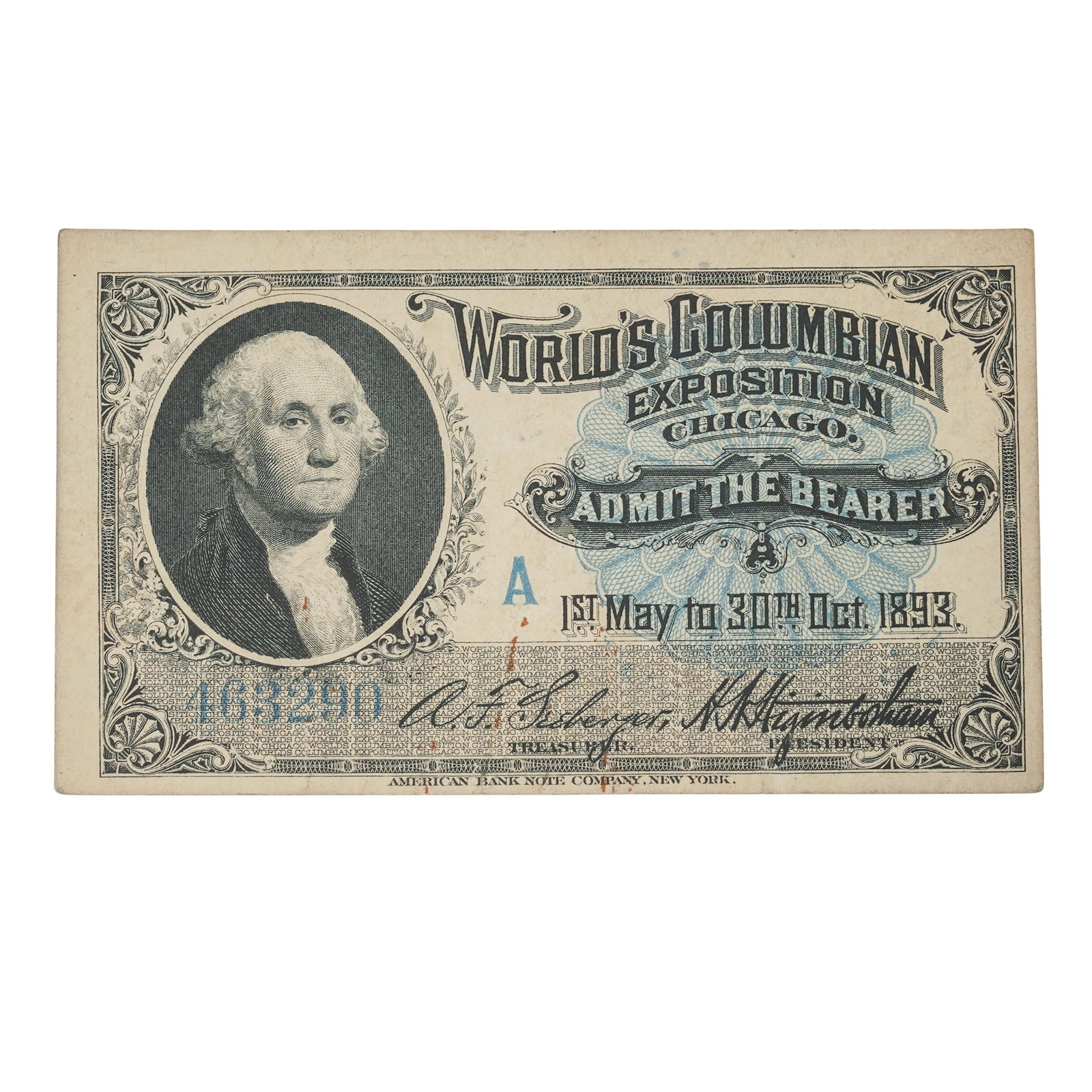 Worlds Columbian Exposition Chicago Admission Ticket: Worlds Columbian Exposition Chicago Admission Ticket 1893, USA Worlds Columbian Exposition Chicago Ticket May 1st - Oct 30th 1893 American Bank Note Company, New York Marked 463290 L 3 3/4"