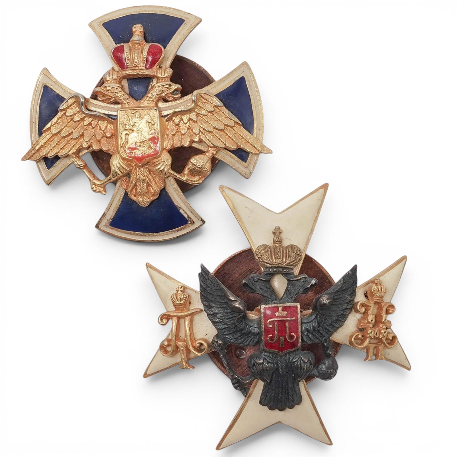 (2 pcs) Russian Imperial Replica Pins: (2 pcs) Russian Imperial Replica Pins Late 20th-early 21st century, Russian A set of two Russian Imperial replica pins. Both of these badges are high-quality, modern commemorative or departmental