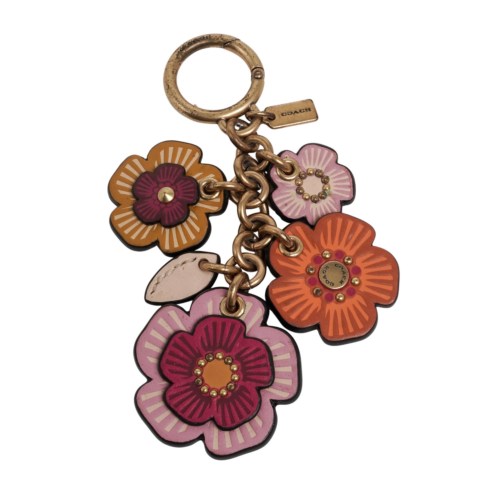 Coach Tea Rose Mix Bag Charm Leather & Brass Keychain: Coach Tea Rose Mix Bag Charm Leather & Brass Keychain 20th century, USA Coach Tea Rose Mix Bag Charm leather keychain ( Style No. 17451 or Style No. 17449). The charm is intricately layered with