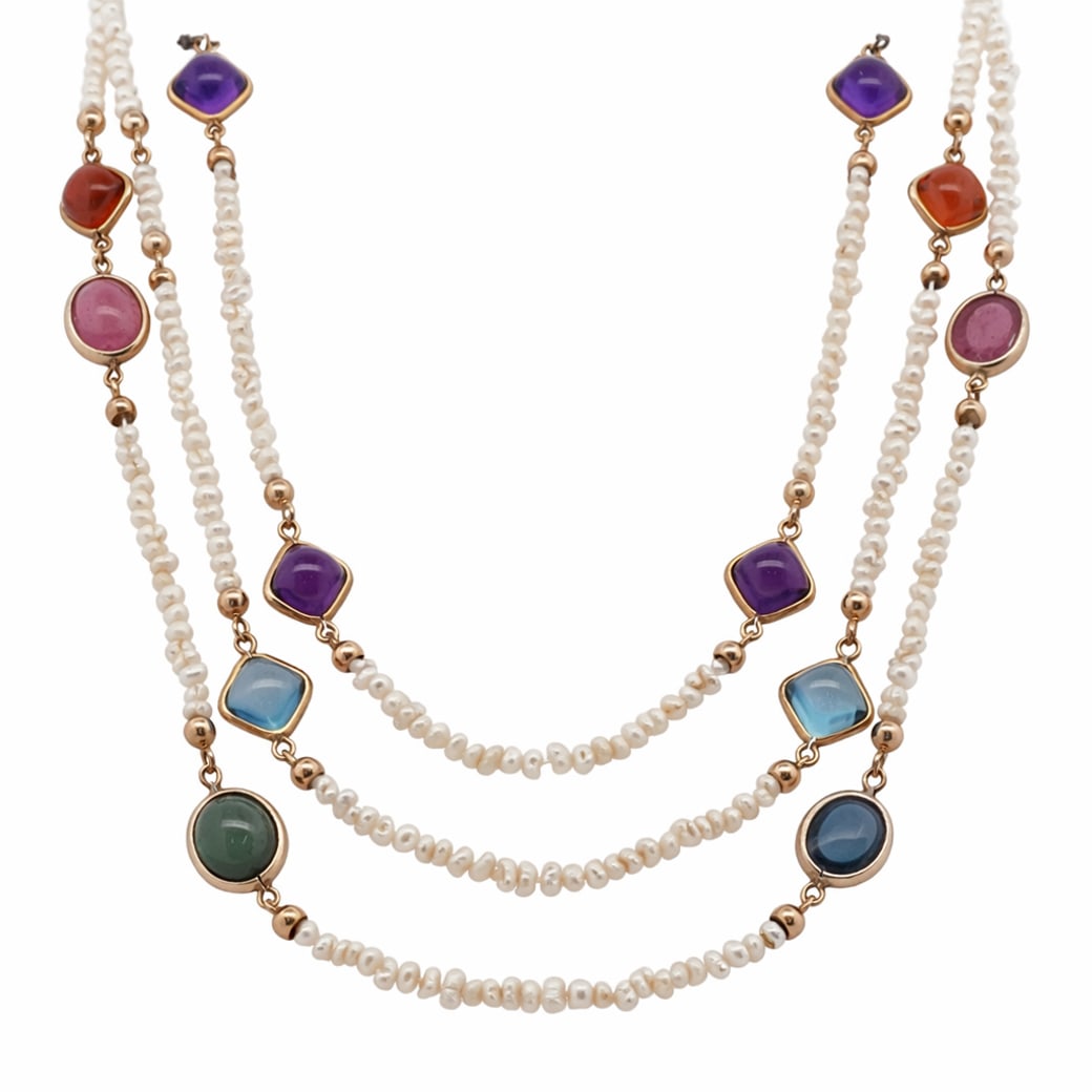 (3 pcs) Italian 18k Gold, Pearl, & Gemstone Necklace Set: (3 pcs) Italian 18k Gold, Pearl, & Gemstone Necklace Set20th Cent. Italy3pc 18k yellow gold, pearl strand, and gemstone necklace set. Marked: 210 AR, 750, 268,(Each Strand) L: 17" (31 Grams) (20 Dwt)