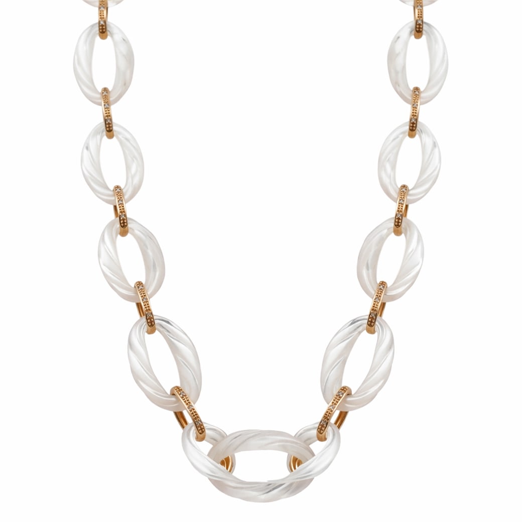 Italian 18k Gold Diamond & MOP Link Necklace Signed: Italian 18k Gold Diamond & MOP Link Necklace SignedCirca 1980s-1990s, ItalianItalian 18k gold bracelet composed of carved oval mother-of-pearl links, each exhibiting a twisted, ribbed surface with str
