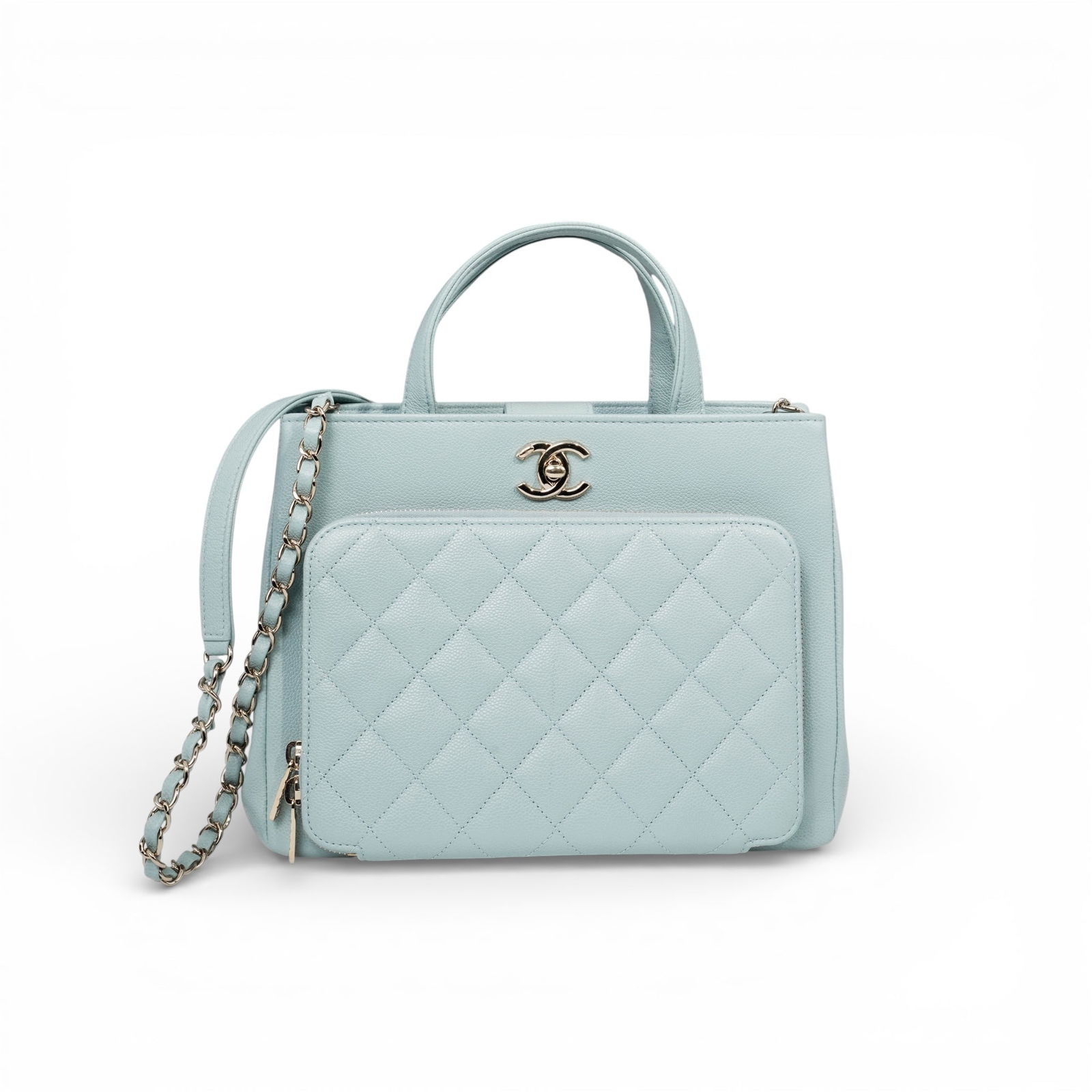 Chanel Business Affinity Leather Tote Bag: Chanel Business Affinity Leather Tote Bag21st Cent., FrenchA Chanel Business Affinity tote bag crafted of quilted caviar leather in a light blue tone. The bag features gold-tone hardware, a front pock
