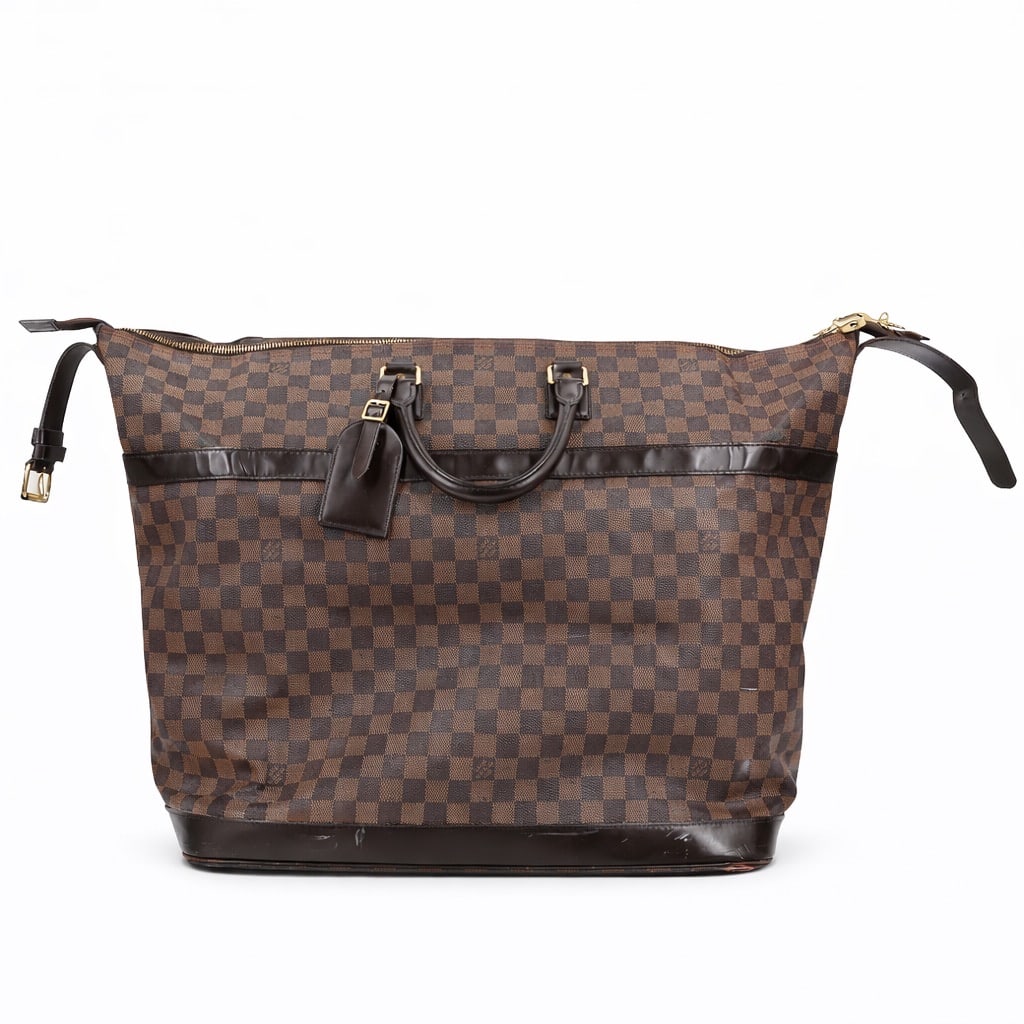 Vintage Louis Vuitton Damier Ebene Canvas Cruiser Travel Bag: Vintage Louis Vuitton Damier Ebene Canvas Cruiser Travel Bag20th century, FrenchLouis Vuitton travel bag in the signature Damier Ebene (brown checkered) canvas. This specific large, structured, zip-to