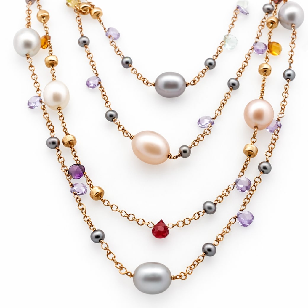 18k Gold Pearl & Multigem Station Necklace: 18k Gold Pearl & Multigem Station NecklaceCirca 2000s-2010s, EuropeanLong, multi-strand station necklace constructed in 18k yellow gold, composed of multiple fine cable chains arranged in parallel str