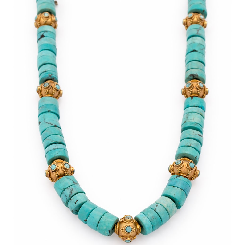 Etruscan Style High Karat Gold & Natural Turquoise Necklace (1 of 6)