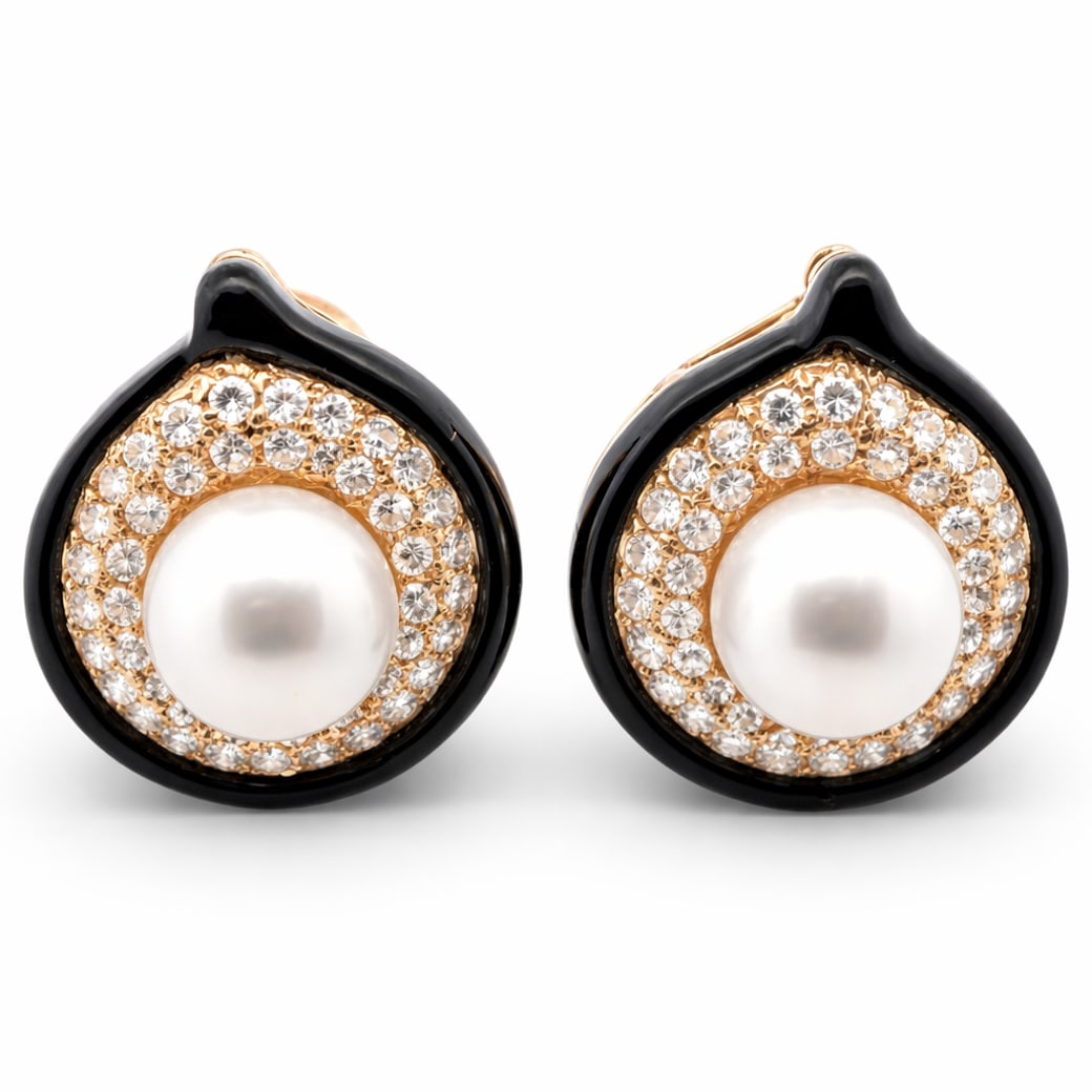 18k Gold Diamond Pearl & Enamel Earrings (1 of 5)