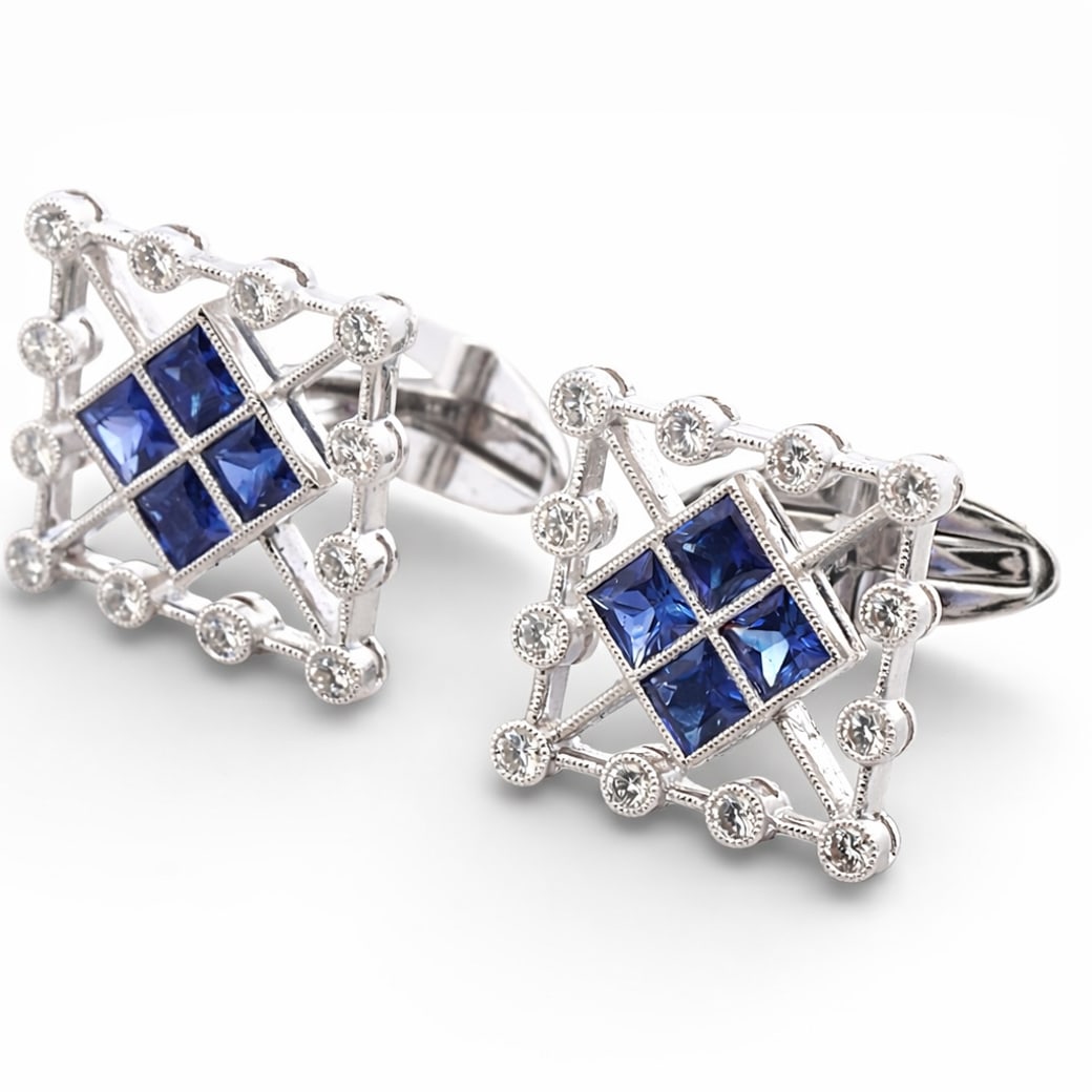 Vintage 18k Gold Diamond & Sapphire Cufflinks Signed (1 of 8)