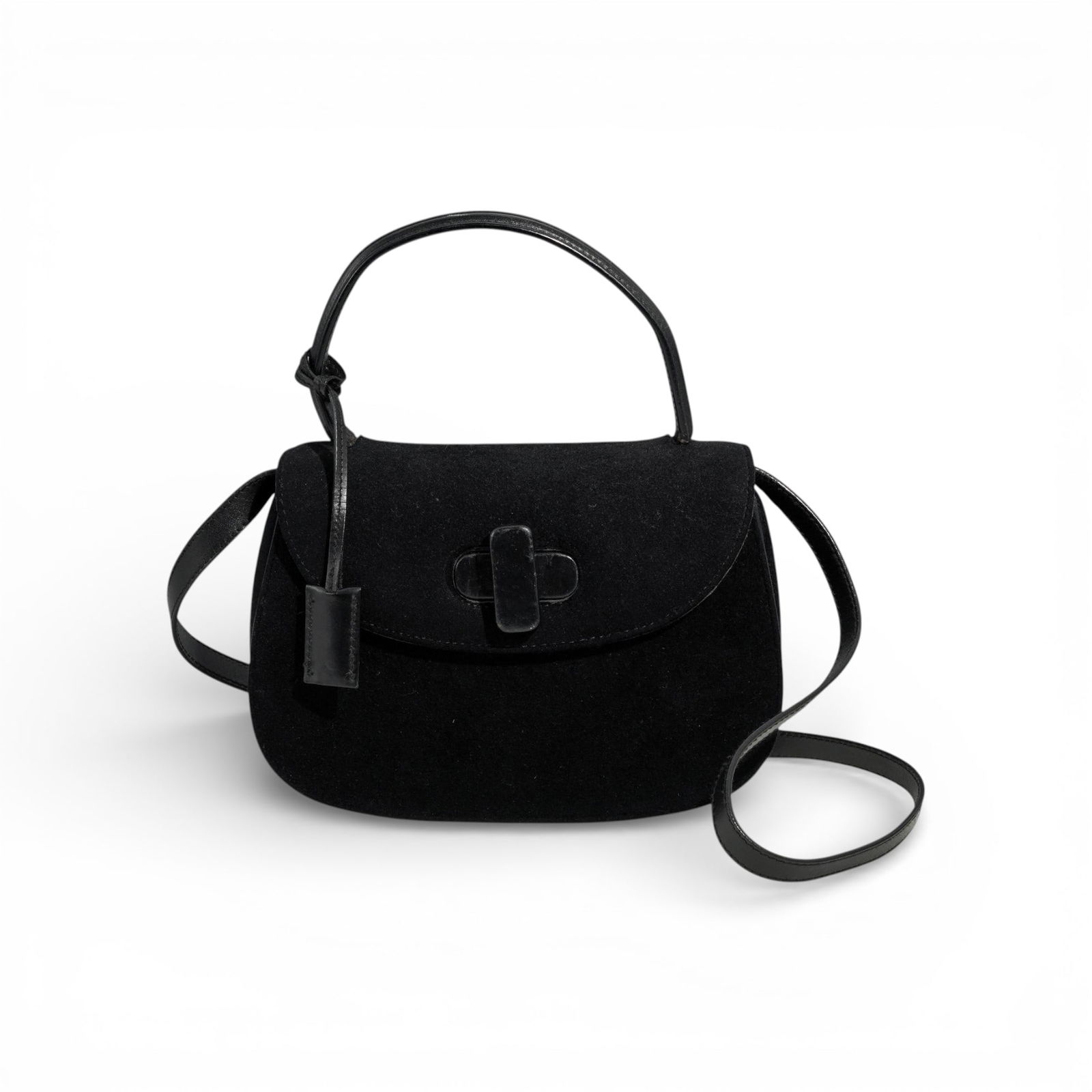 Vintage Gucci Wool Bag: Vintage Gucci Wool Bag20th Cent., ItalianVintage Gucci wool purse with a turn clasp, one top handle strap, and one shoulder strap in black leather. Internal black leather lining and one internal zippe